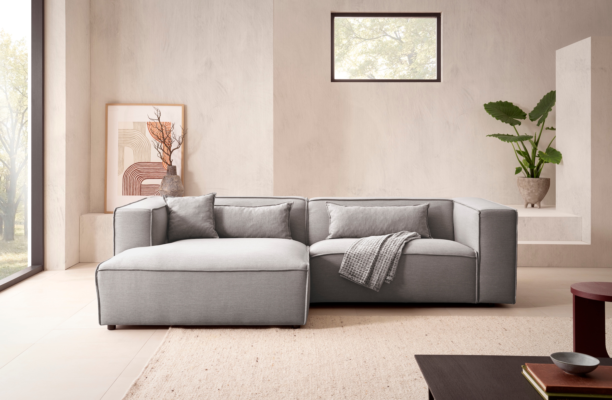 LeGer Home by Lena Gercke Ecksofa »PIARA mit Kedernaht in Cord oder Leinenoptik, moderne Couch in L-Form«, wahlweise Ottomane rechts/links, schwarze Füße, bequemer Sitzkomfort