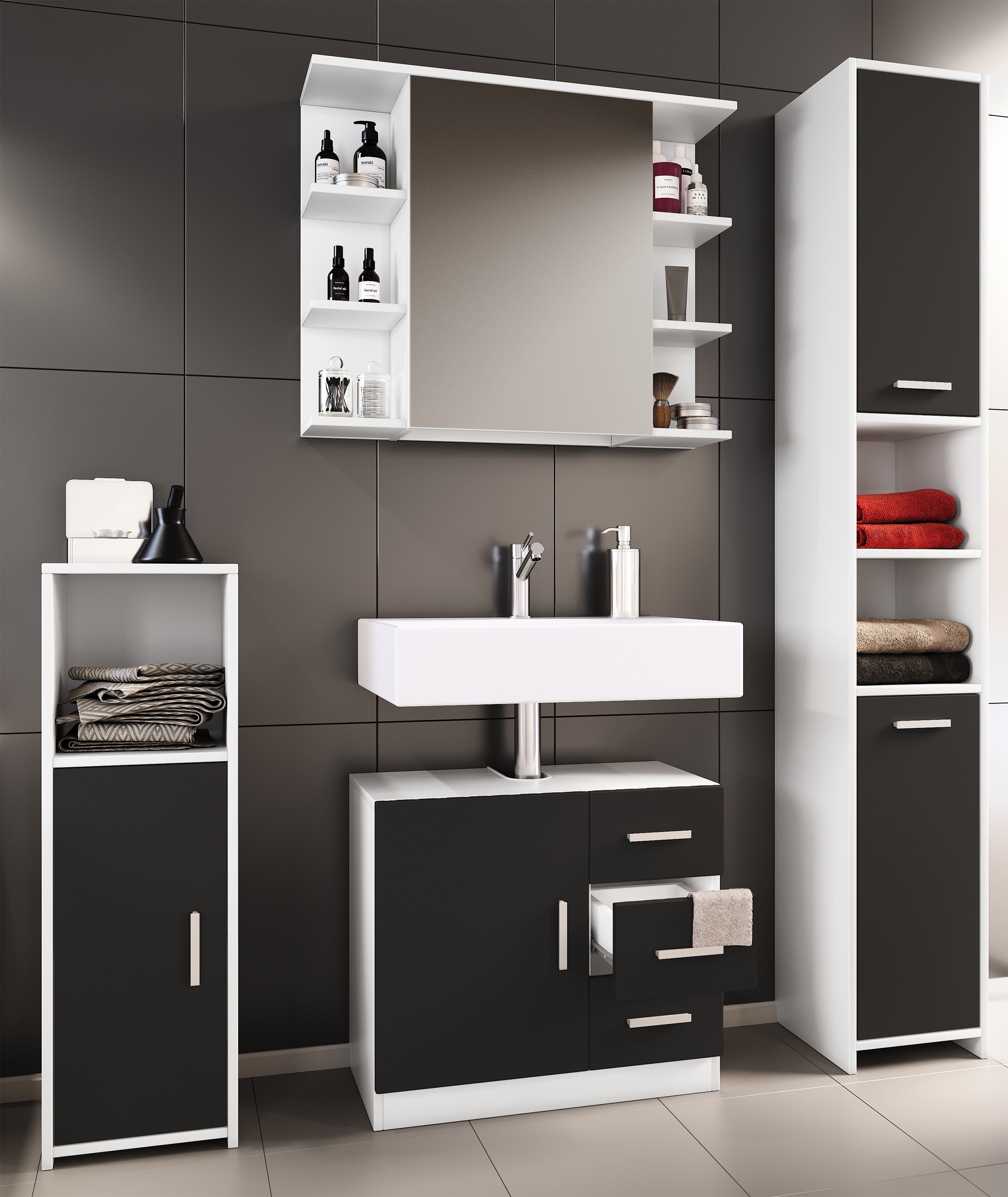 VCM Waschbeckenunterschrank »VCM 4-tlg. Badmöbelset | Badmöbel | Set aus Unterschrank, Midischrank, Hochschrank und Spiegelschrank | Badezimmermöbel - Zalo III«, (4 St.)