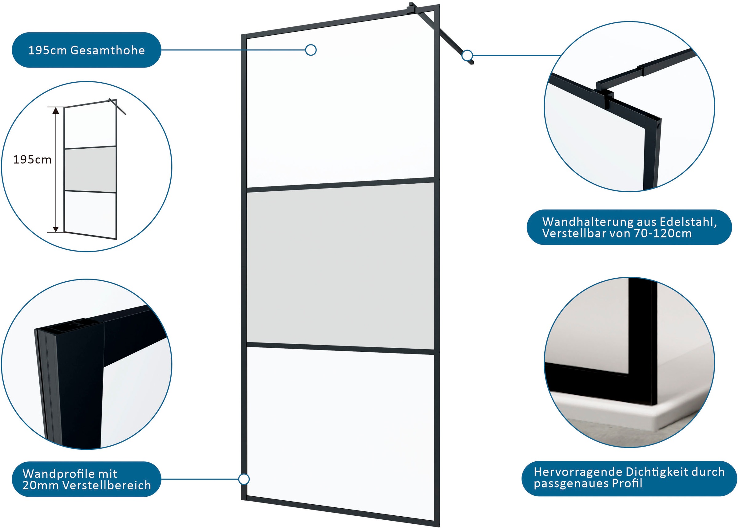 welltime Walk-in-Dusche »Walk-In Foggy Black« Milchglaseinsatz für perfekten Sichtschutz
