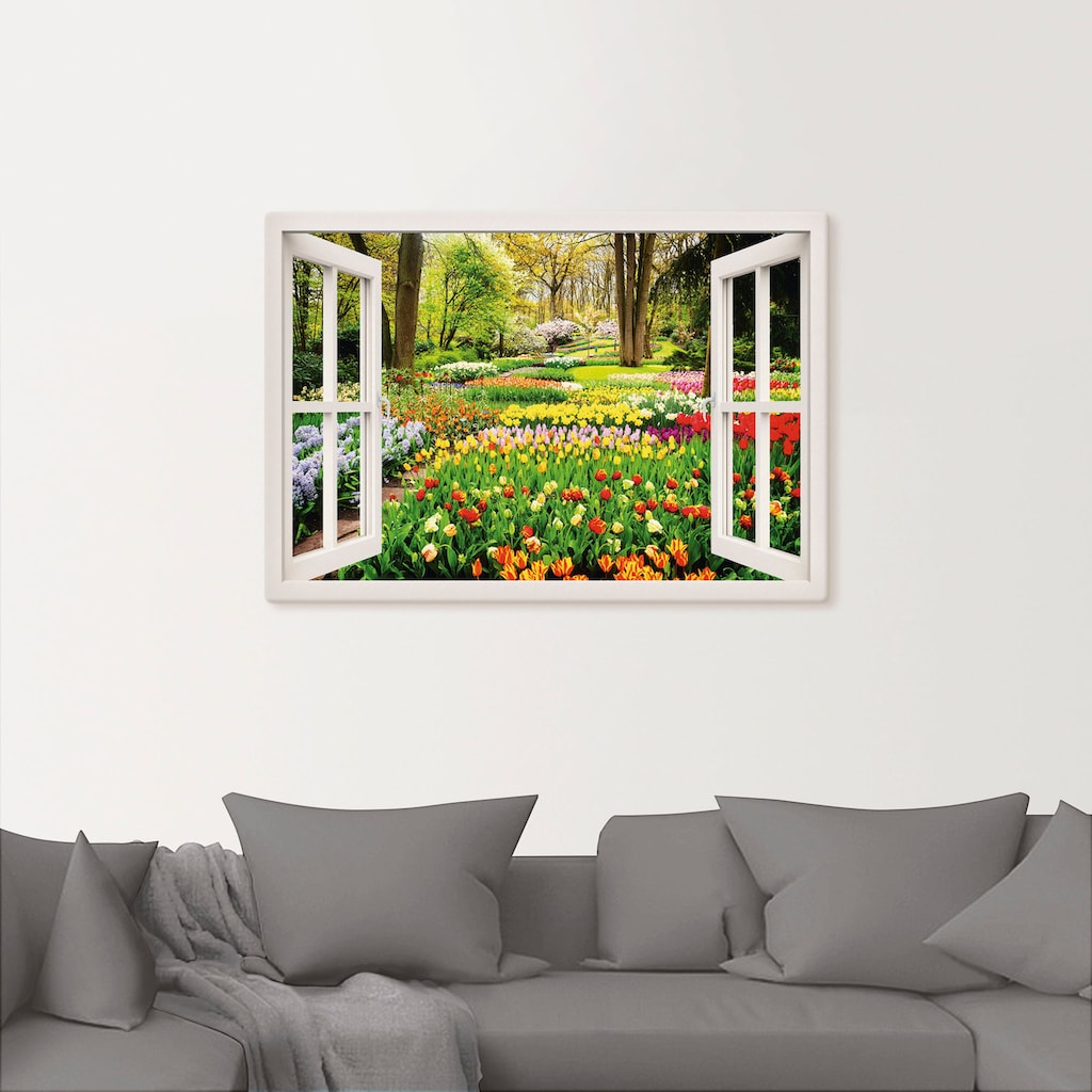 Artland Wandbild »Fensterblick Tulpen Garten Frühling«, Fensterblick, (1 St.), als Alubild, Outdoorbild, Leinwandbild, Poster, Wandaufkleber
