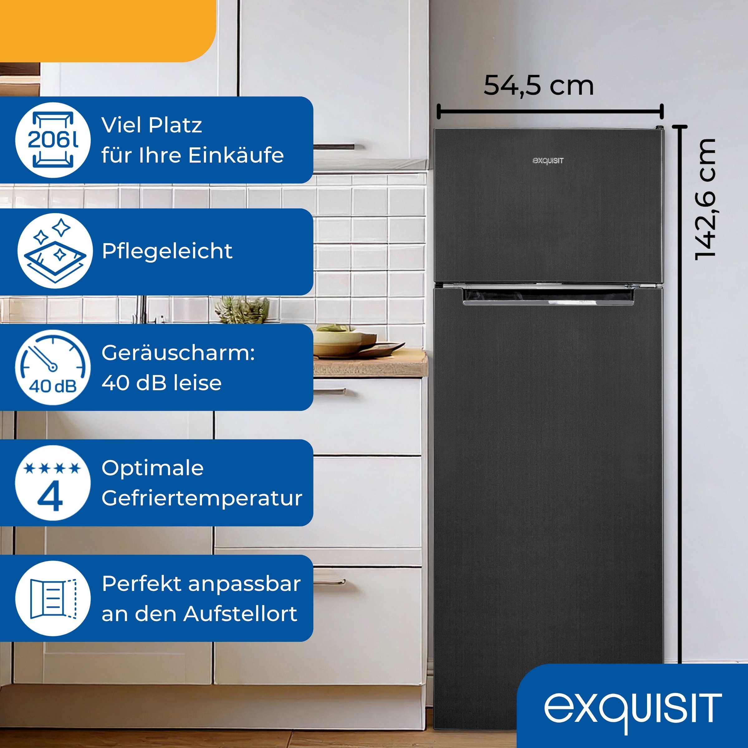 exquisit Kühl-/Gefrierkombination KGC270-45-040D inoxlook-az »KGC270-45-040D inoxlook-az« 142,6 cm hoch 54,5 cm breit 206 l, leise & sparsam, 4*-Gefrierfach mit flexiblem Stauraum & LED