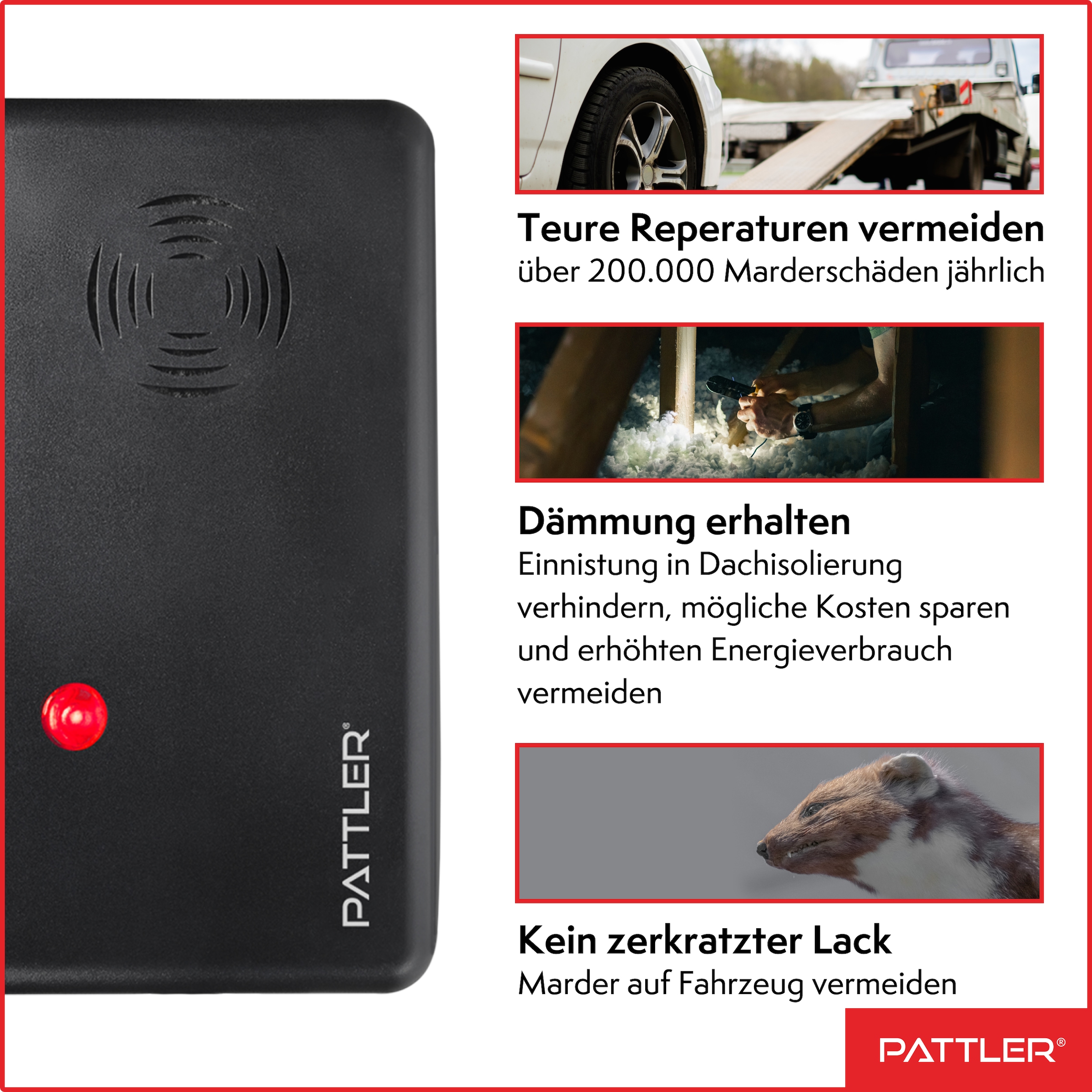 Pattler Ultraschall-Tierabwehr »Marderschreck mit  Hochfrequenztönen« 1 Gerät für ca. 60 m²