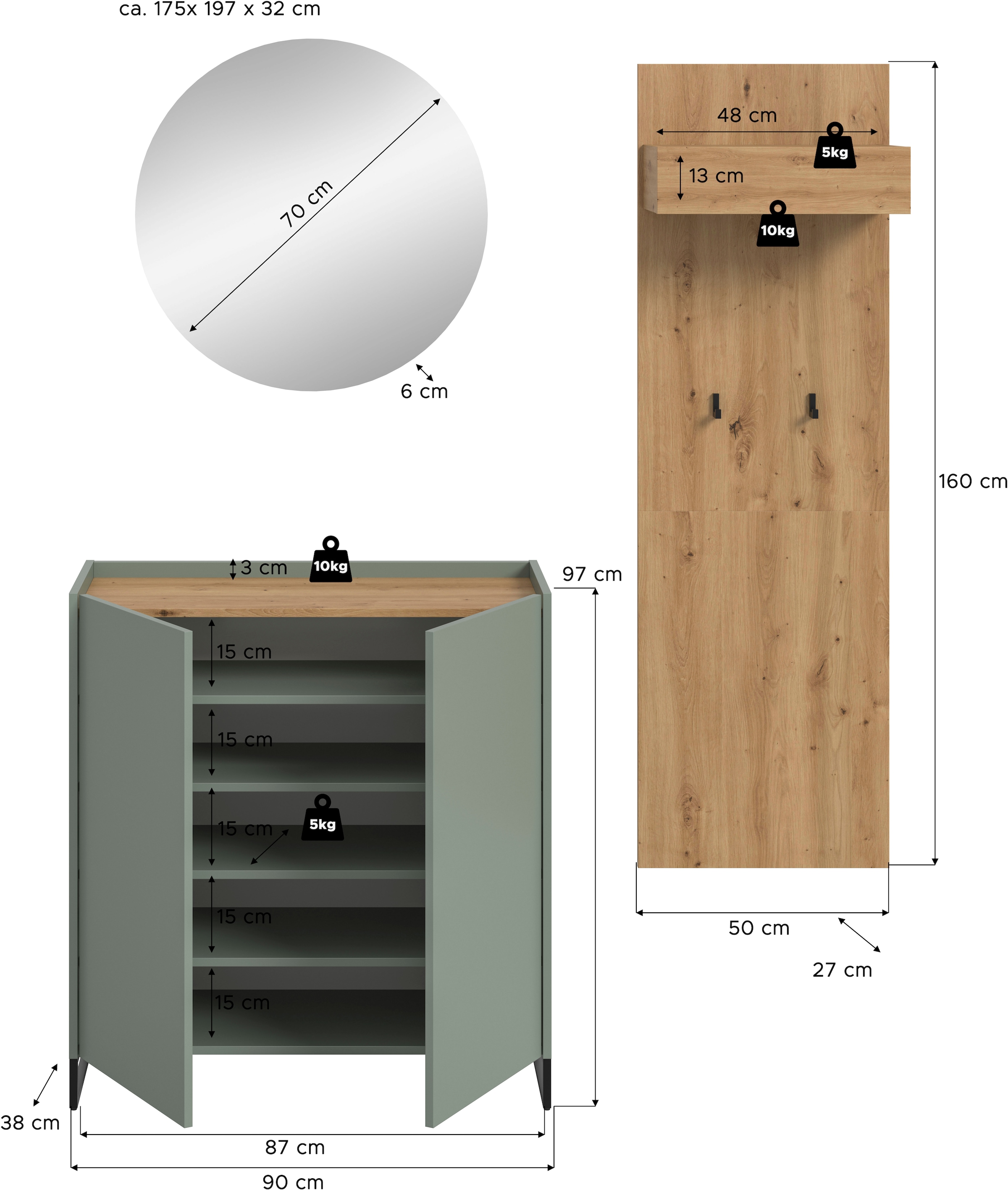 Home affaire Garderoben-Set »EVRID, 3-teilig, Breite 175 cm, individuell stellbar & erweiterbar« best. aus: Kommode, Spiegel & Garderobenpaneel, 3 Stk. tlg.