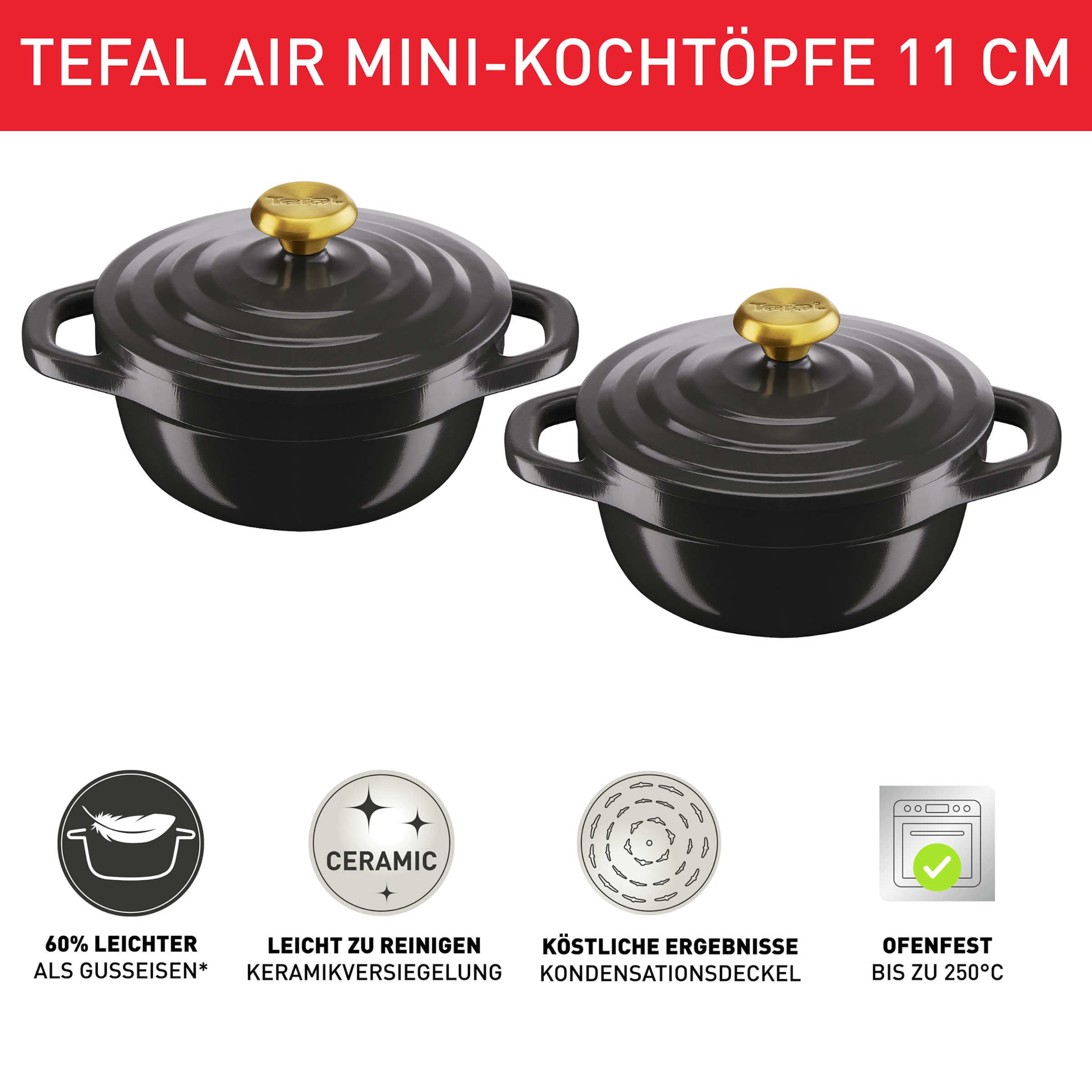Tefal Topf-Set »Air« Aluminiumguss Set, 4 Stk. tlg. 2-tlg., 11 cm, Keramikversiegelung, Kondensationsdeckel, backofenfest