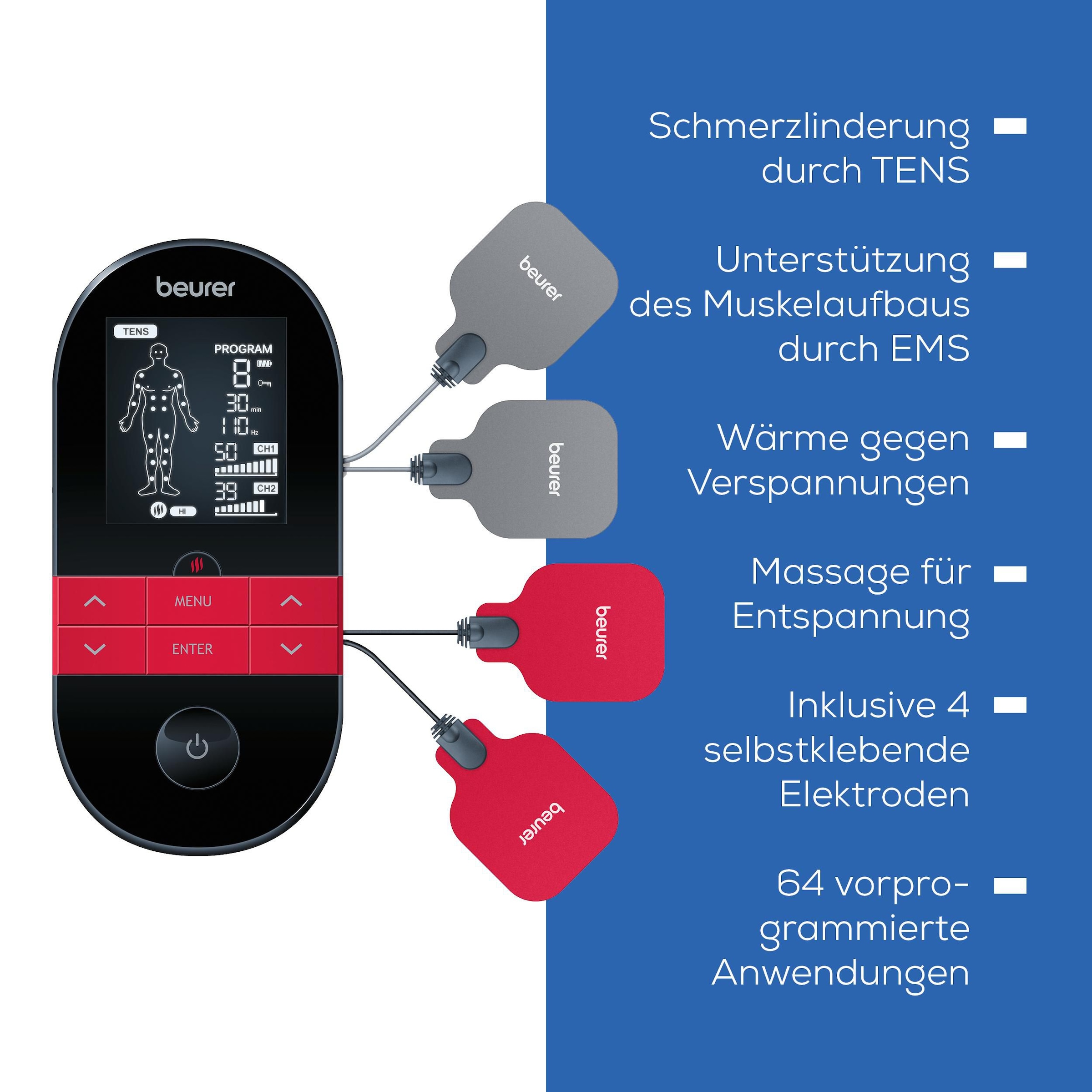 BEURER TENS-EMS-Gerät »EM 59 Heat, Reizstromgerät mit Wärmefunktion und 4 Elektroden« 3-in-1: TENS (Schmerzlinderung), EMS (Muskelstimulation) und Massage