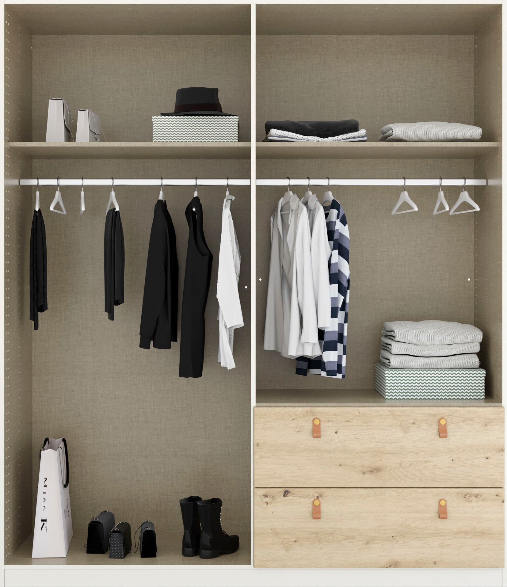 rauch Drehtürenschrank »Homey by Quadra Spin« mit cognacbraunen Ledergrifflaschen, Schubladen in Eichen-Dekor