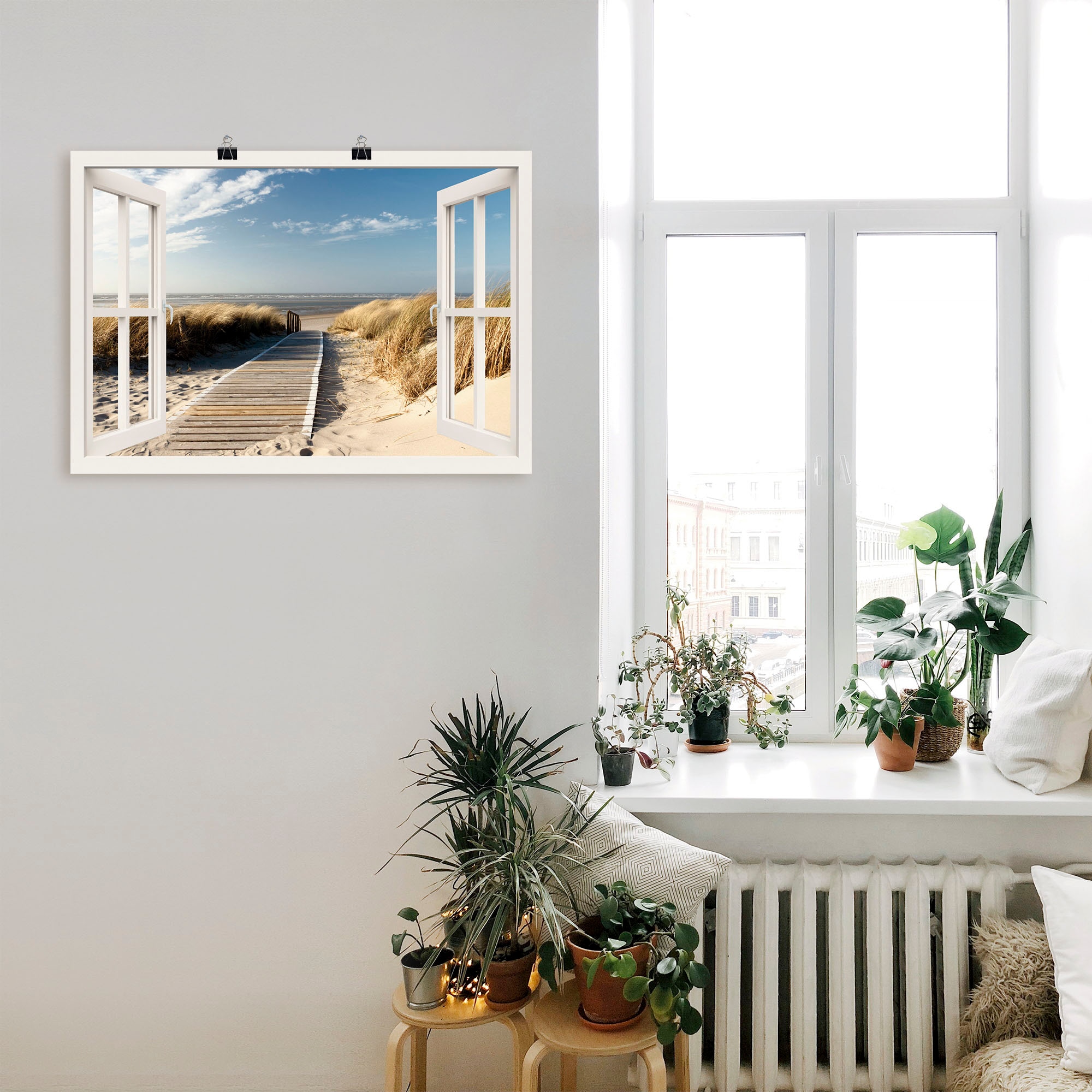 Artland Wandbild »Fensterblick Nordseestrand auf Langeoog«, Fensterblick, (1 St.), als Leinwandbild, Poster, Wandaufkleber in verschied. Größen