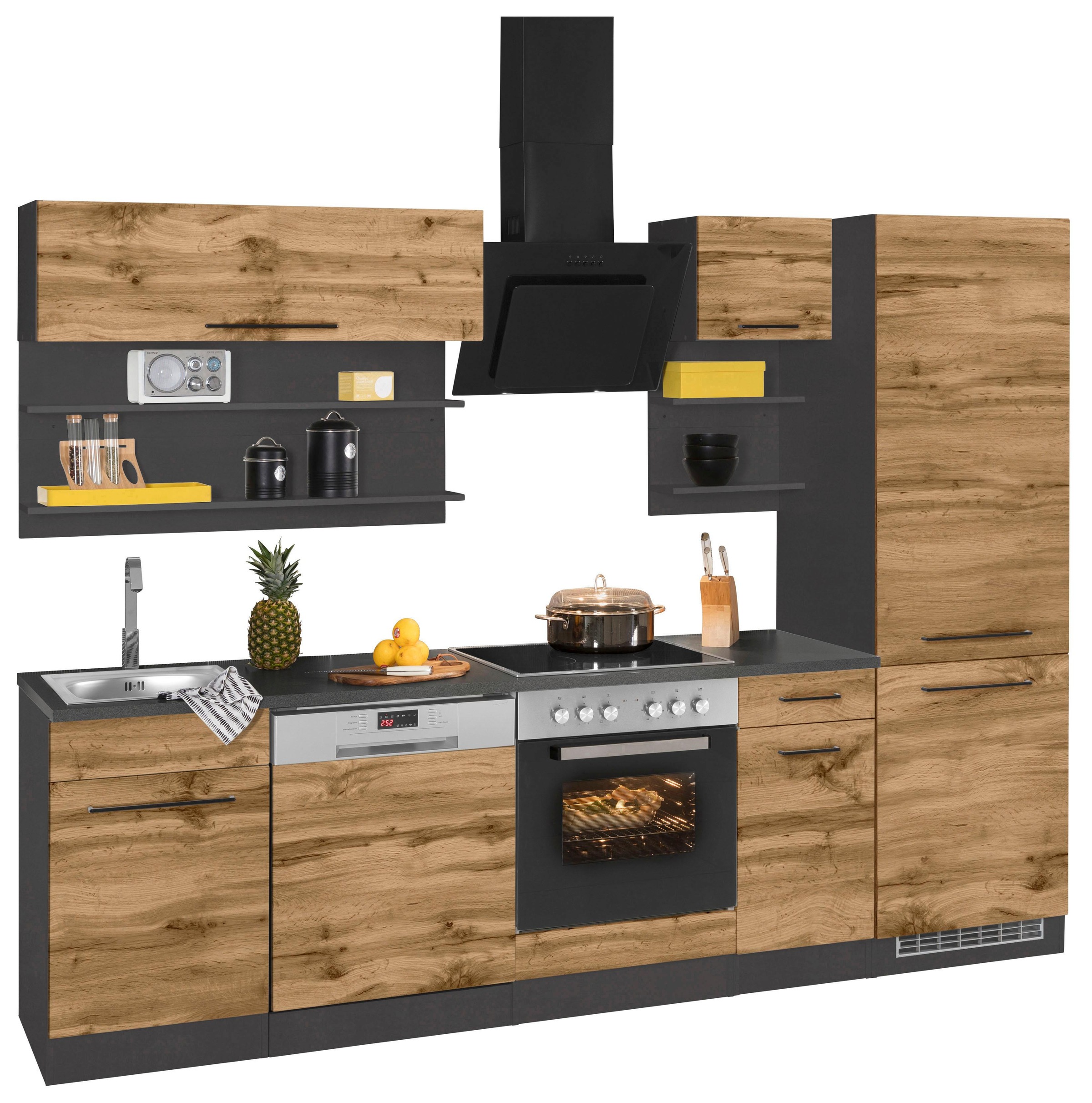 KOCHSTATION Küchenzeile »KS-Tulsa« ohne E-Geräte, Breite 270 cm, schwarze Metallgriffe, MDF Fronten