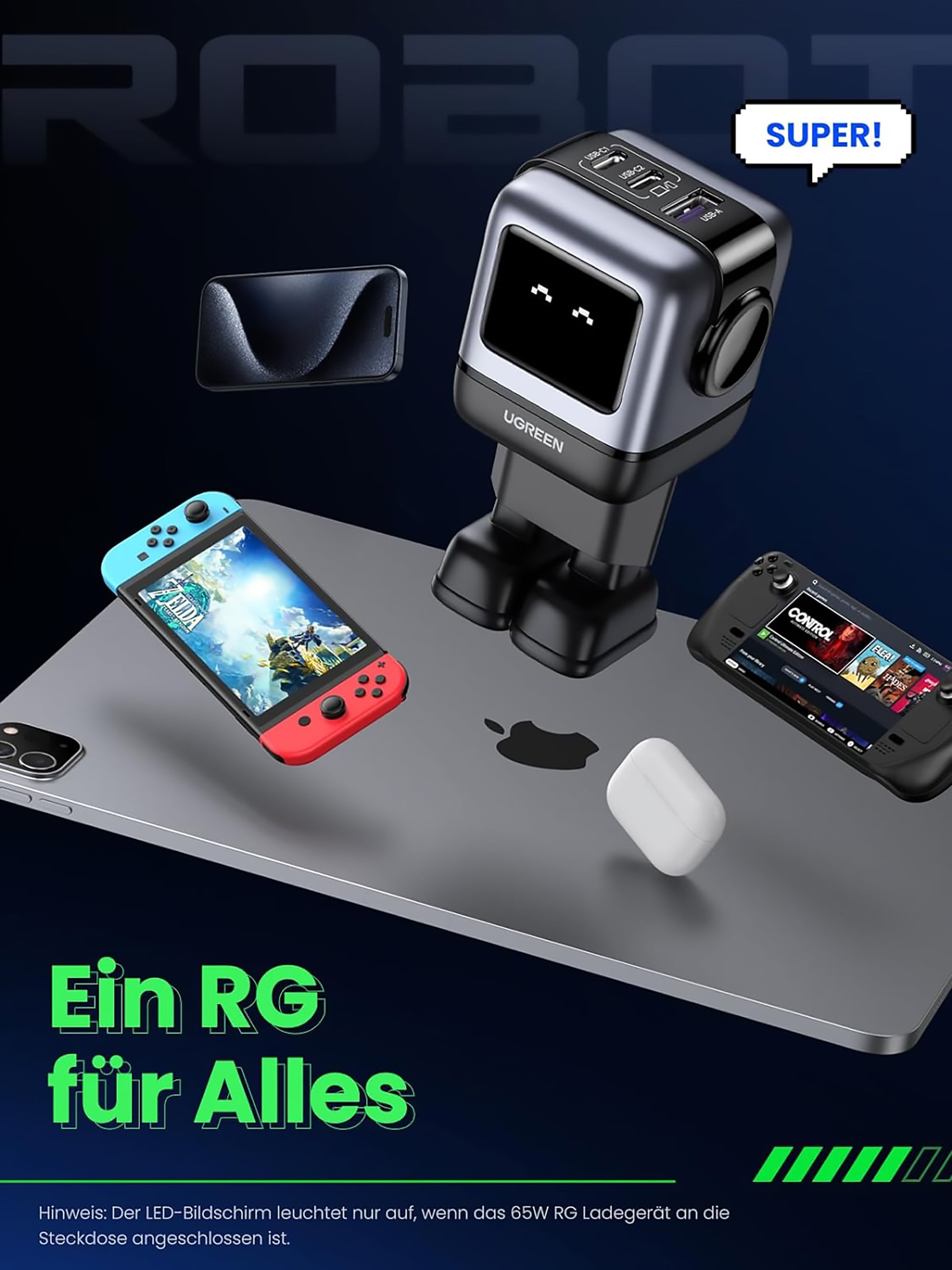 UGREEN USB-Ladegerät »UGREEN Uno Robot GaN Tech 65W USB-A+2*USB-C Fast Charger«, Roboter-Form mit LED-Anzeige und magnetischem Fuß