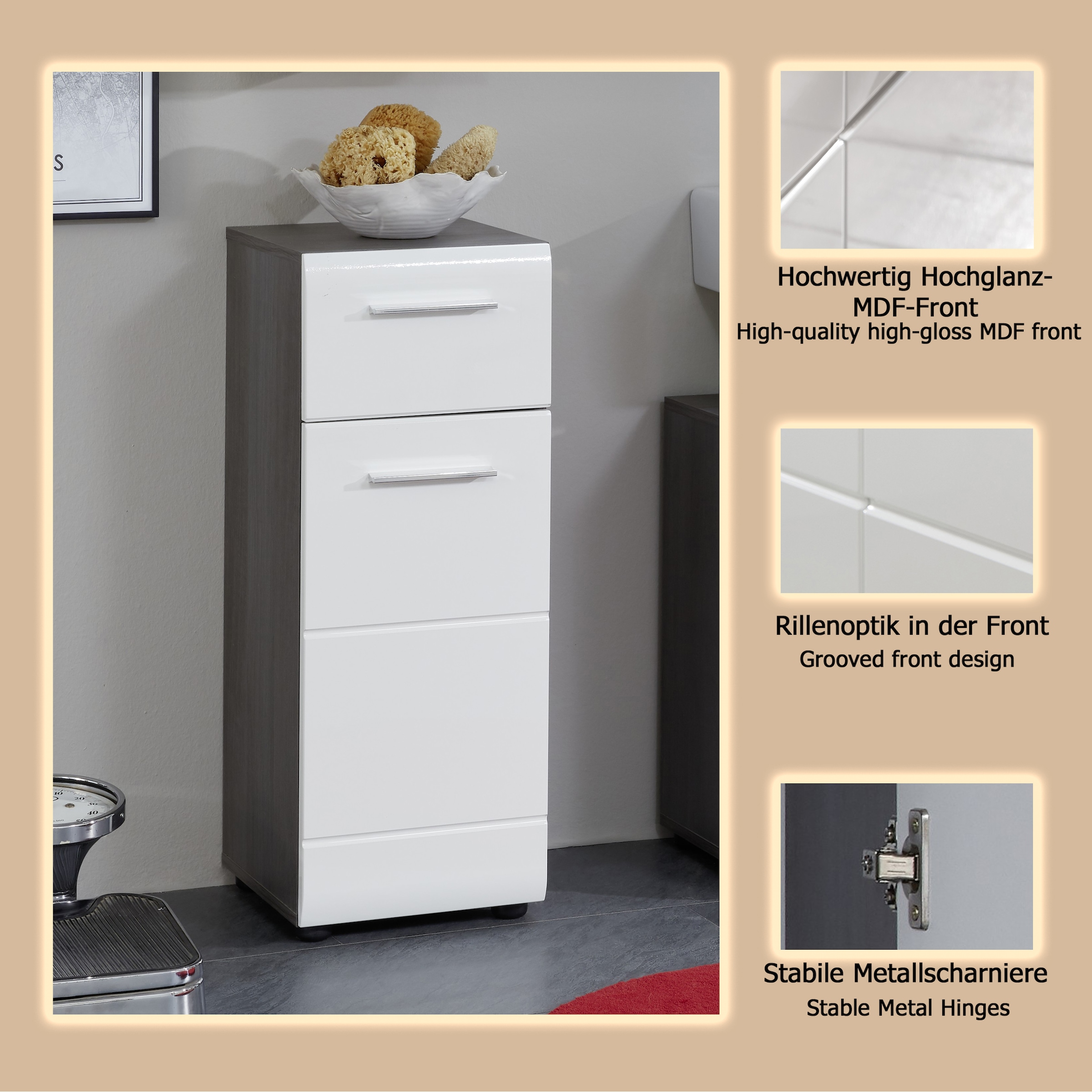 welltime Unterschrank »Sovana«, Badkommode mit Hochglanzfront und 1 Schublade - (B/T/H) 30/31/80 cm
