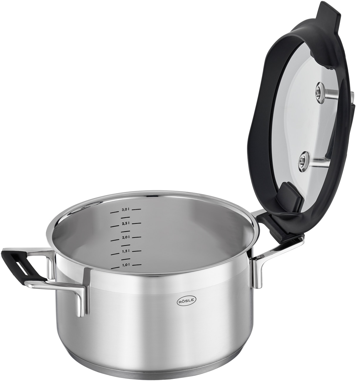 RÖSLE Topf-Set »SILENCE PRO«, Edelstahl 18/10, (Set, 5 tlg., 1 Kochtopf Ø 16/20/24 cm, 1 Bratentopf Ø 20 cm, 1 Kasserolle Ø 16 cm), Innenskalierung und Schüttrand, spülmaschinen- und induktionsgeeignet