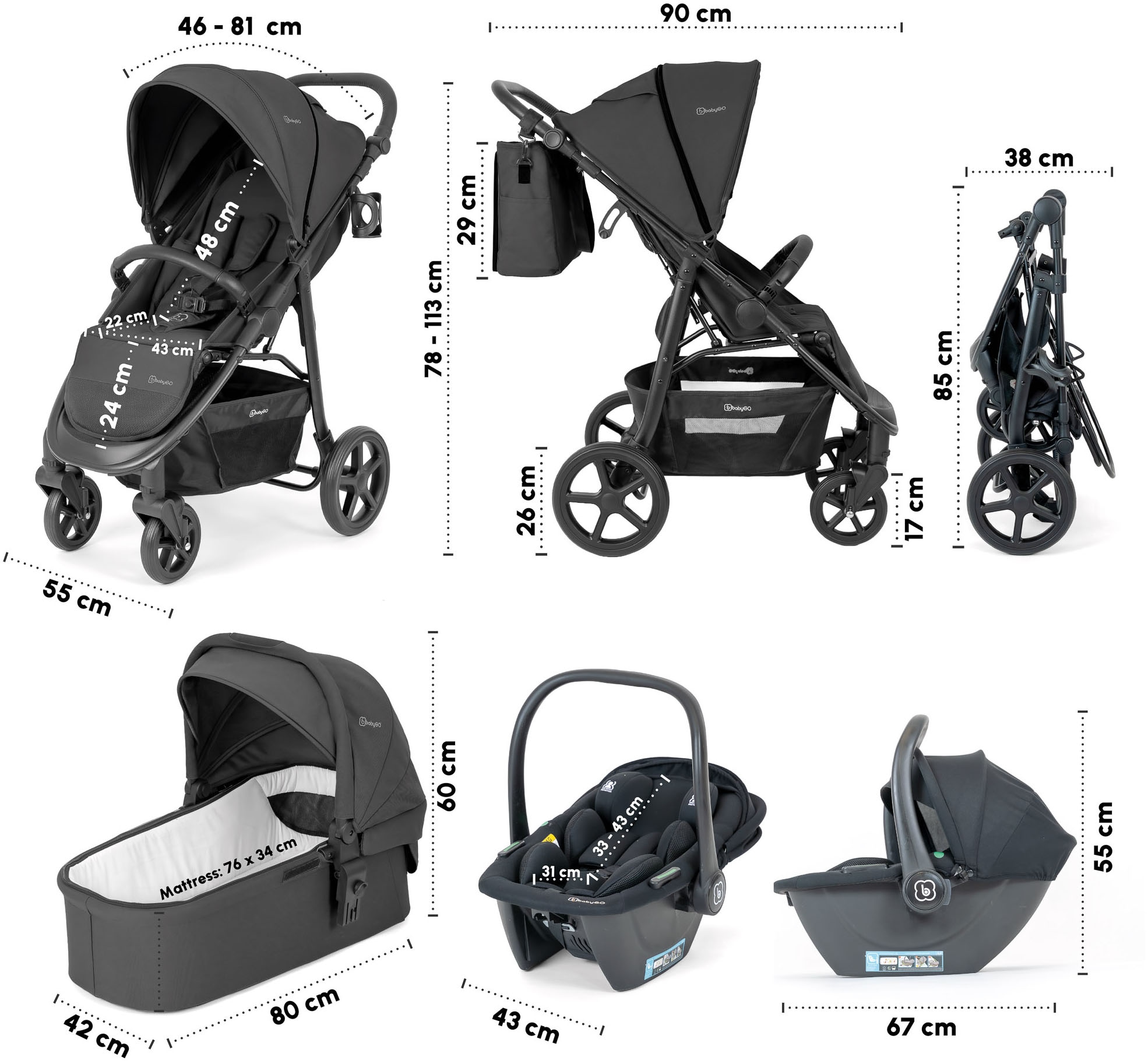 BabyGo Kombi-Kinderwagen »Evolution« 22 kg mit Babywanne, Babyschale, Wickeltasche und Sportsitz
