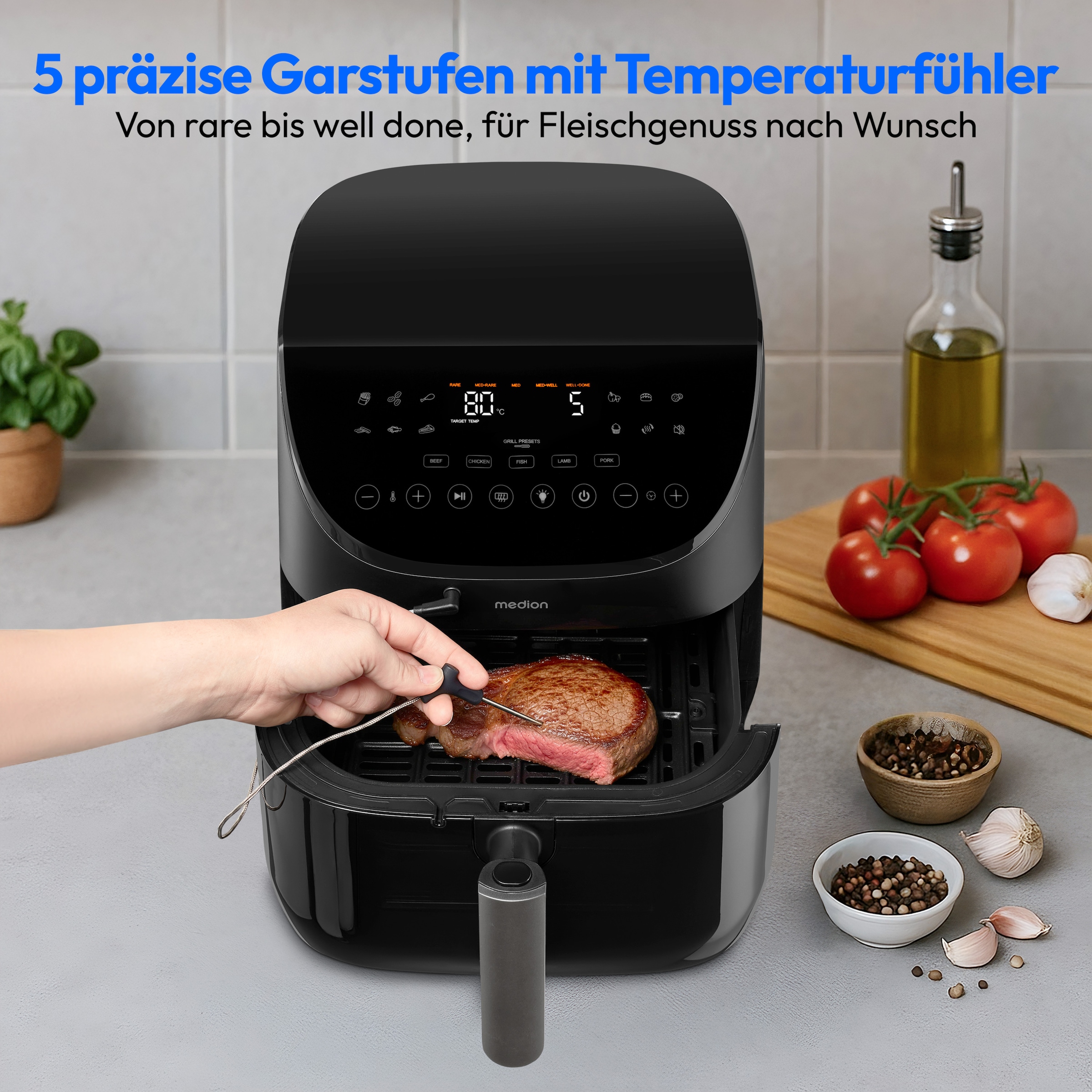 Medion® Heißluftfritteuse »MD13060« 1700 W Temperaturfühler, DC-Motor, leiser Betrieb, PFAS-freie SP