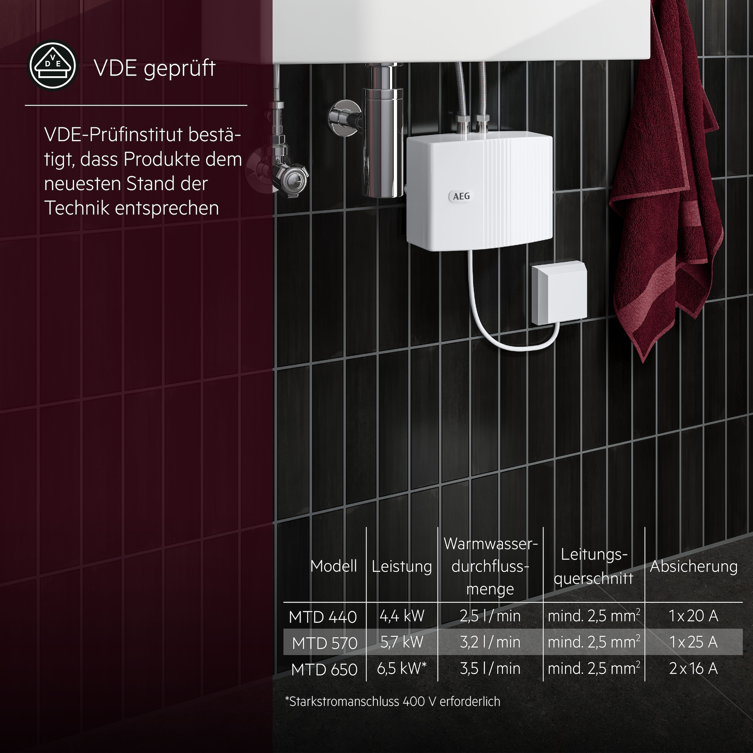 AEG Haustechnik Klein-Durchlauferhitzer »MTD 570 f. Handwaschbecken, 5,7 kW, o. Stecker« Festanschluss 230V, hydraulisch, druckfest + drucklos