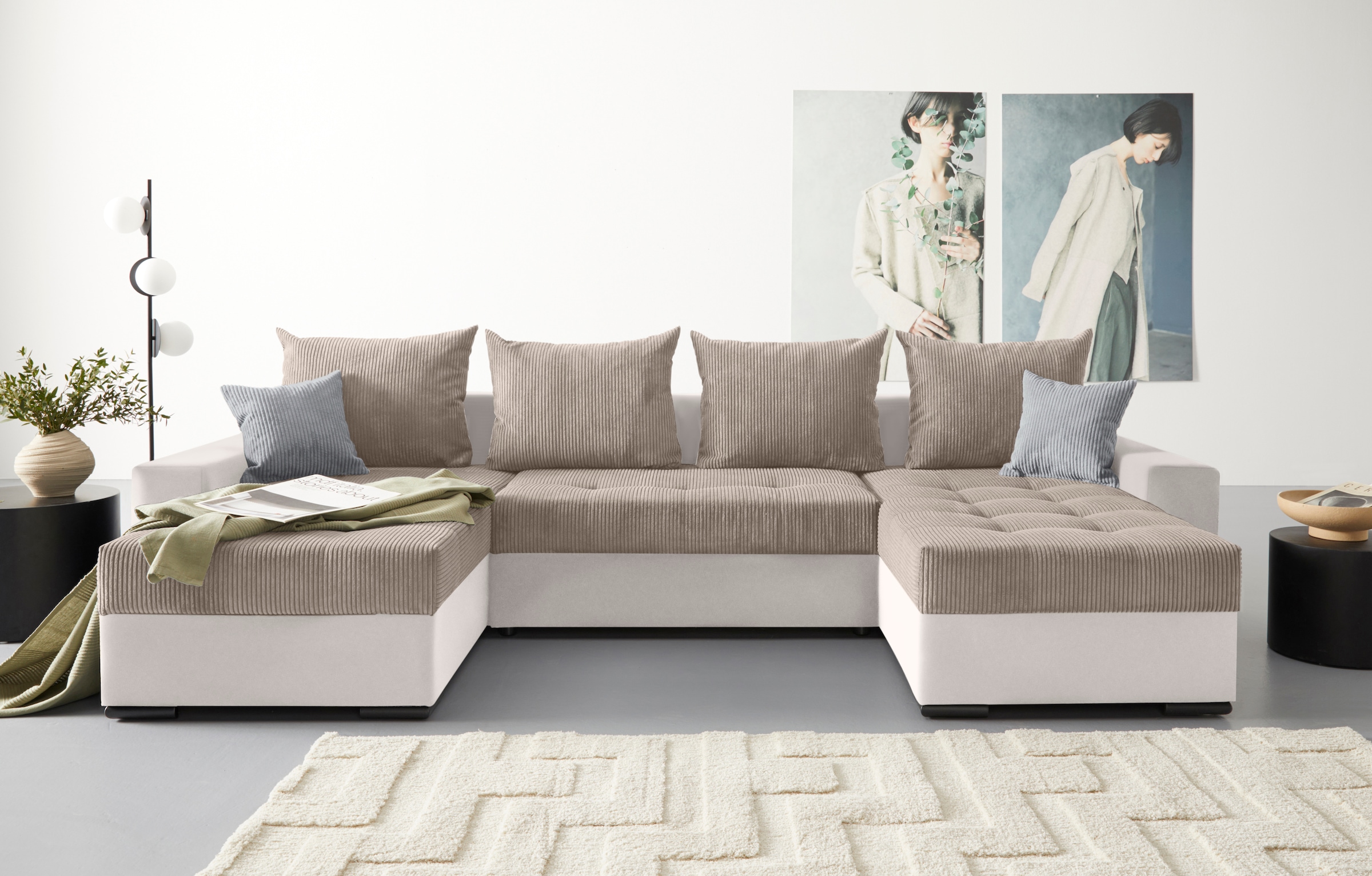 COLLECTION AB Wohnlandschaft »XL-Josy U-Form, Breite 313 cm, Cord-/Mix«, inkl. Bettfunktion, Bettkasten, mit 4 gleich großen Rückenkissen