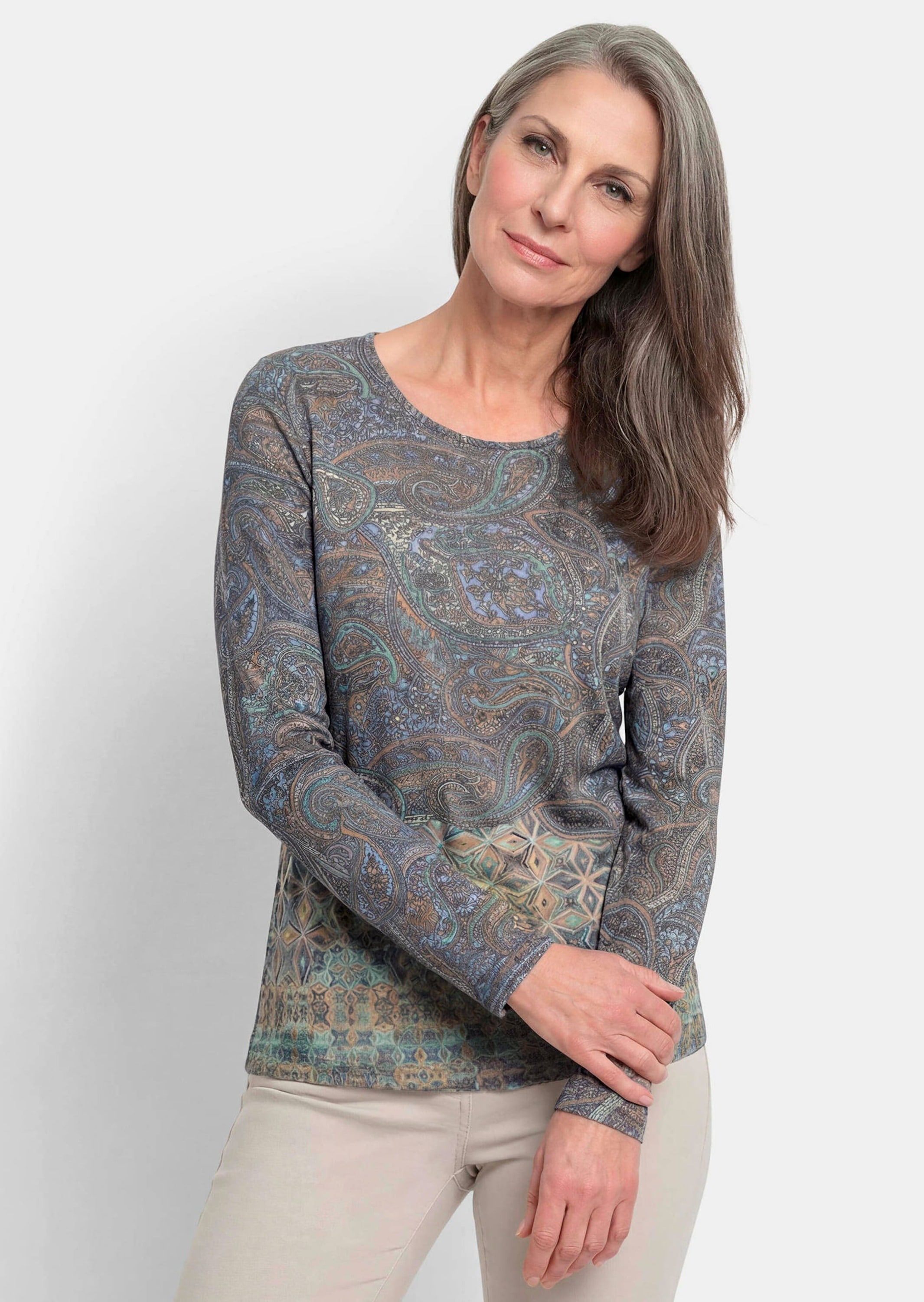 GOLDNER Langarmshirt »Kurzgröße Jerseyshirt mit Paisley-Druck« stretchbequmer Jersey