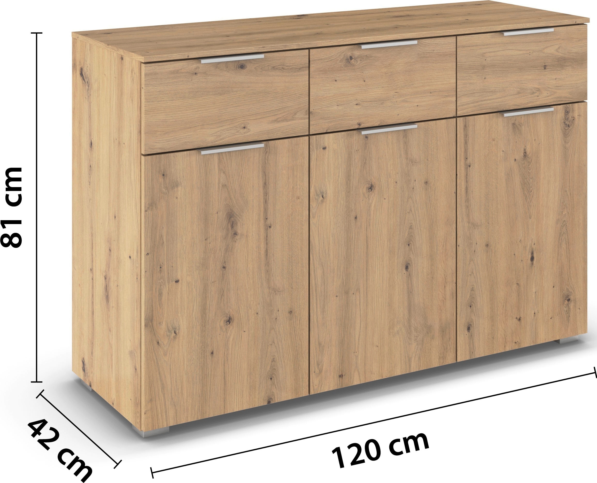 OTTO home Kombikommode »Kommode Sideboard Schubladenkommode Schlafzimmerkommode CORTONA« Breite 120 cm inkl. SOFT-CLOSE-FUNKTION, mit moderner Dekor-Front,  mit 3 Schubladen und 3 verstellbaren Einlegeboden MADE IN GERMANY