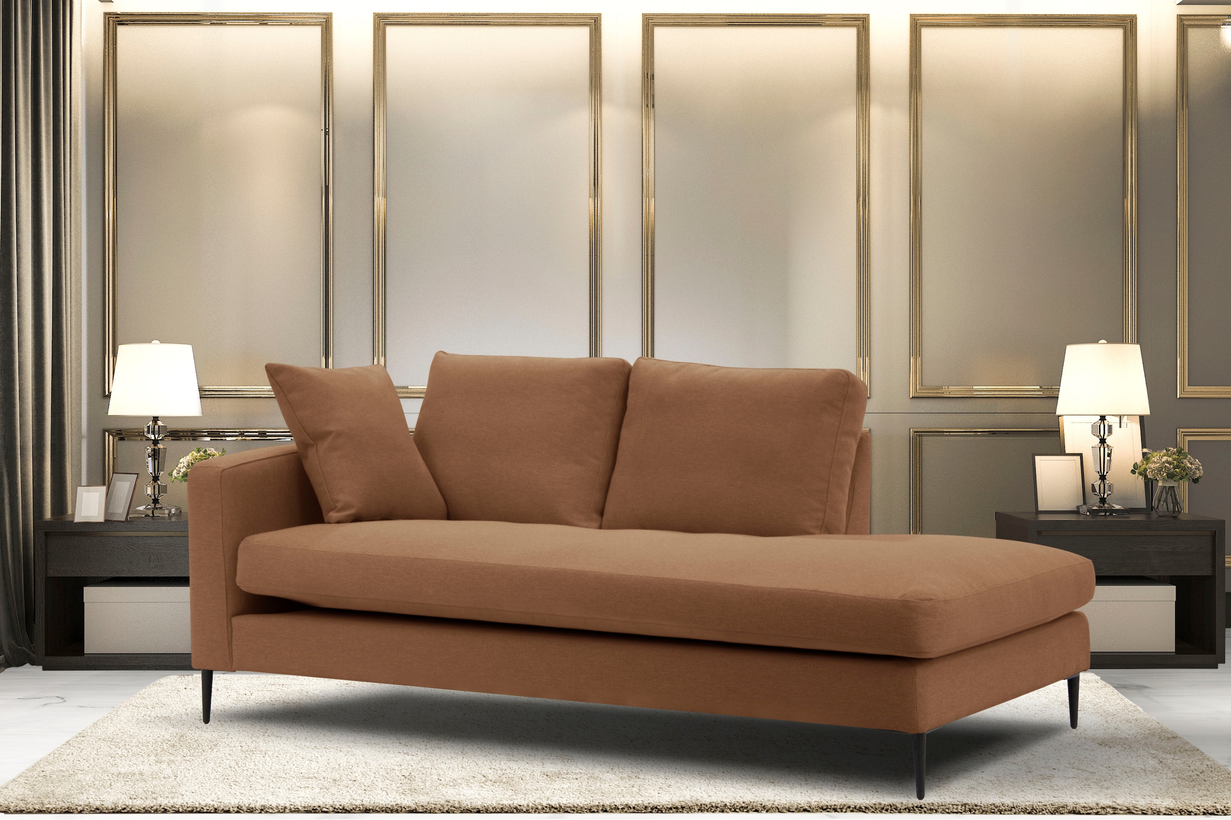 Leonique Recamiere »Cozy Chaiselongue, Maße B/T/H: 195/97/80 cm«, mit losen Kissen und Metallbeinen, Armlehne links oder rechts wählbar