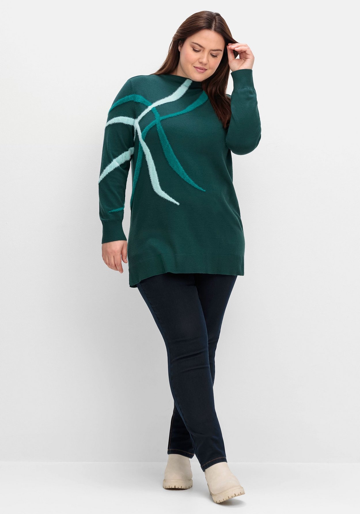Sheego Stehkragenpullover »Pullover mit Flauschgarn-Intarsien«, mit Flauschgarn-Intarsien