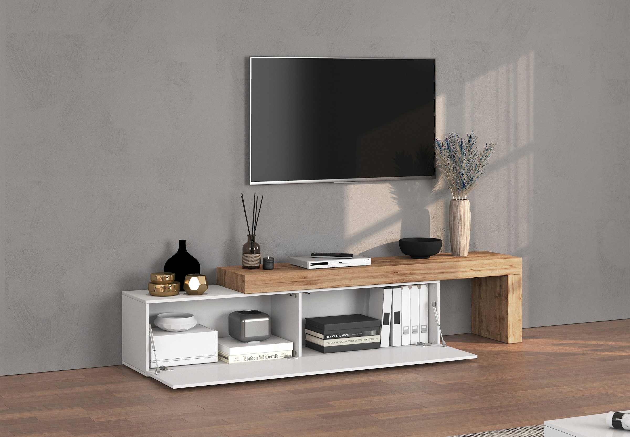 OTTO home Lowboard »Chronos TV-Board, TV-Schrank« Breite verstellbar von 190 bis 350 cm, 1 Stk. tlg. Breite 270 cm TV-Board,Lowboard,1 Klappe und ein L-Förmiger Aufsatz
