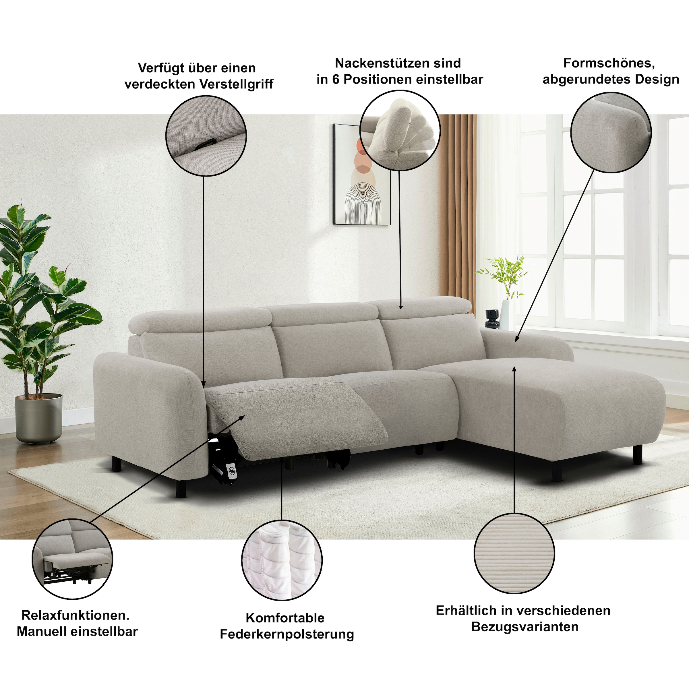 Home affaire Ecksofa »SKAANE Lederoptik, L-Form, 274 cm, manuelle/elektrische Relaxfunktion,« rundes Design, Kopfteilverstellung, Federkernpolsterung