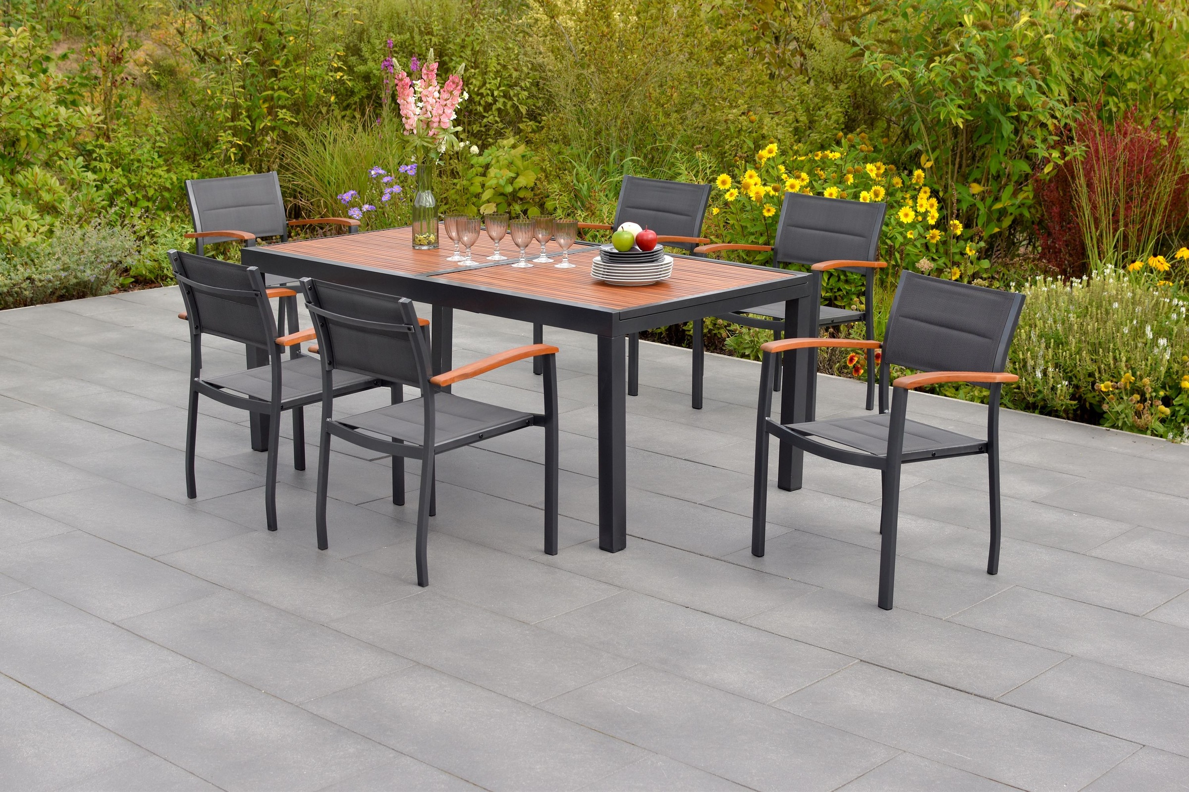 MERXX Garten-Essgruppe »»Paxos««, (Set, 7 tlg., Gepadded, pulverbeschichtetes Aluminiumgestell), Ausziehtisch: LxB: 180-240 x 100 cm