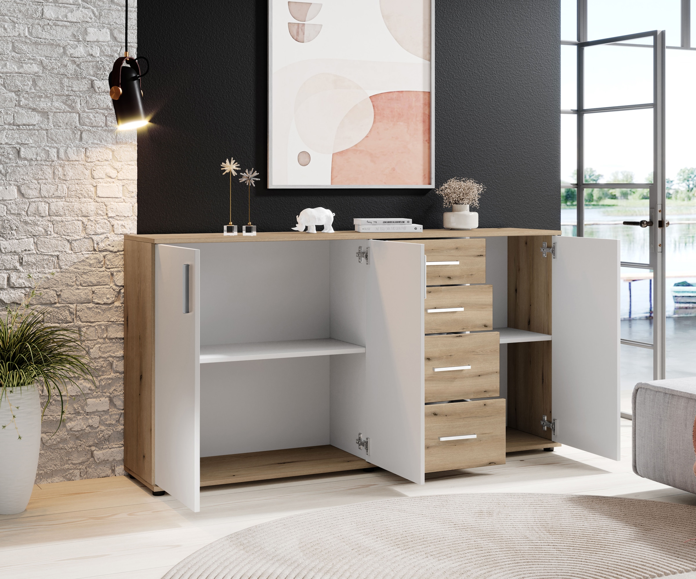 HBZ Kommode »BC-Drift-2, Sideboard Stellmaß BxHxT 160x84x35 cm«, (1 St.), Sideboard mit 3 Türen und 4 Schubkästen, 2 Einlegeböden