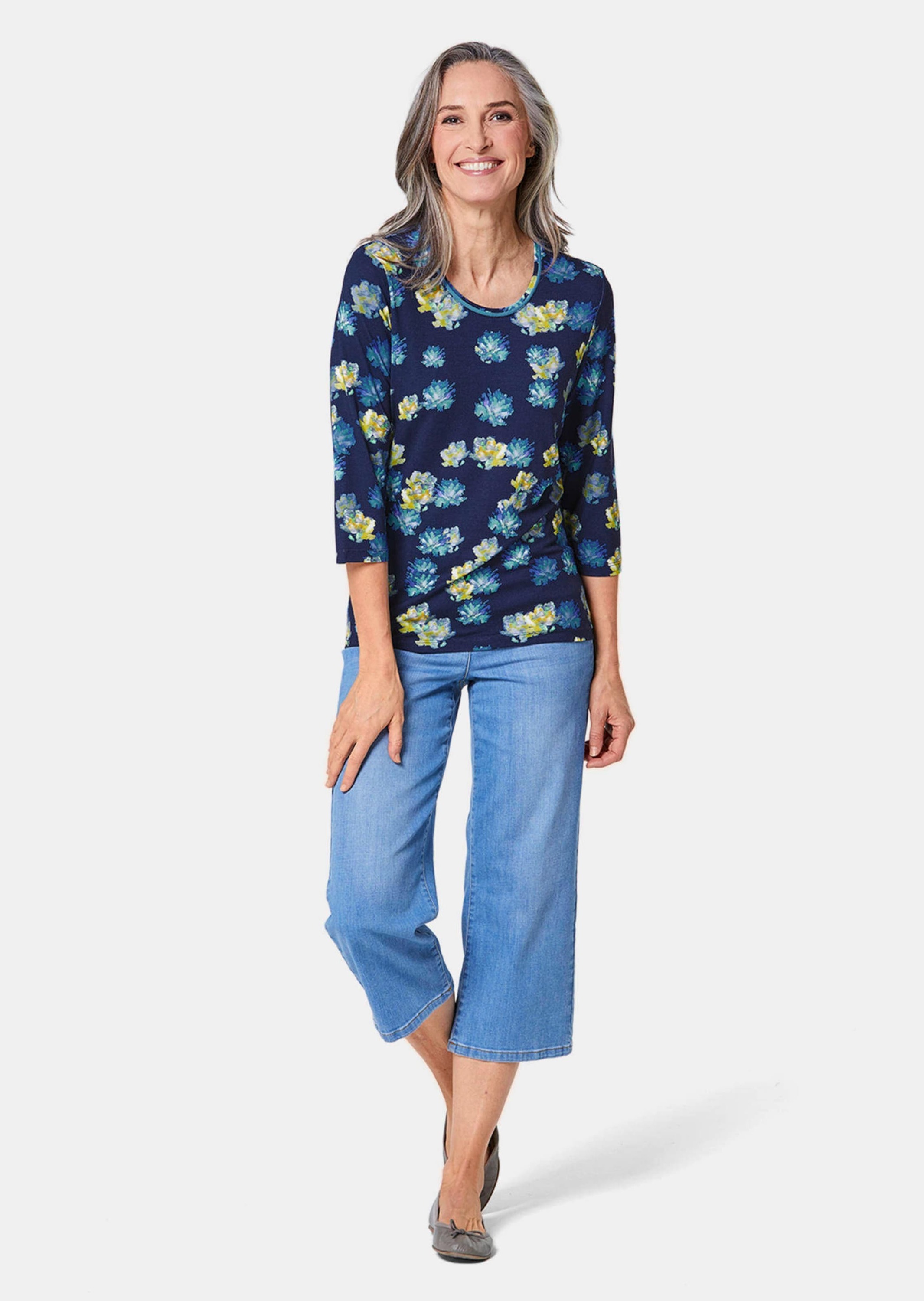 GOLDNER Print-Shirt »Kurzgröße Druckshirt in kraftvollen Farben« Kontrastpaspel am Ausschnitt