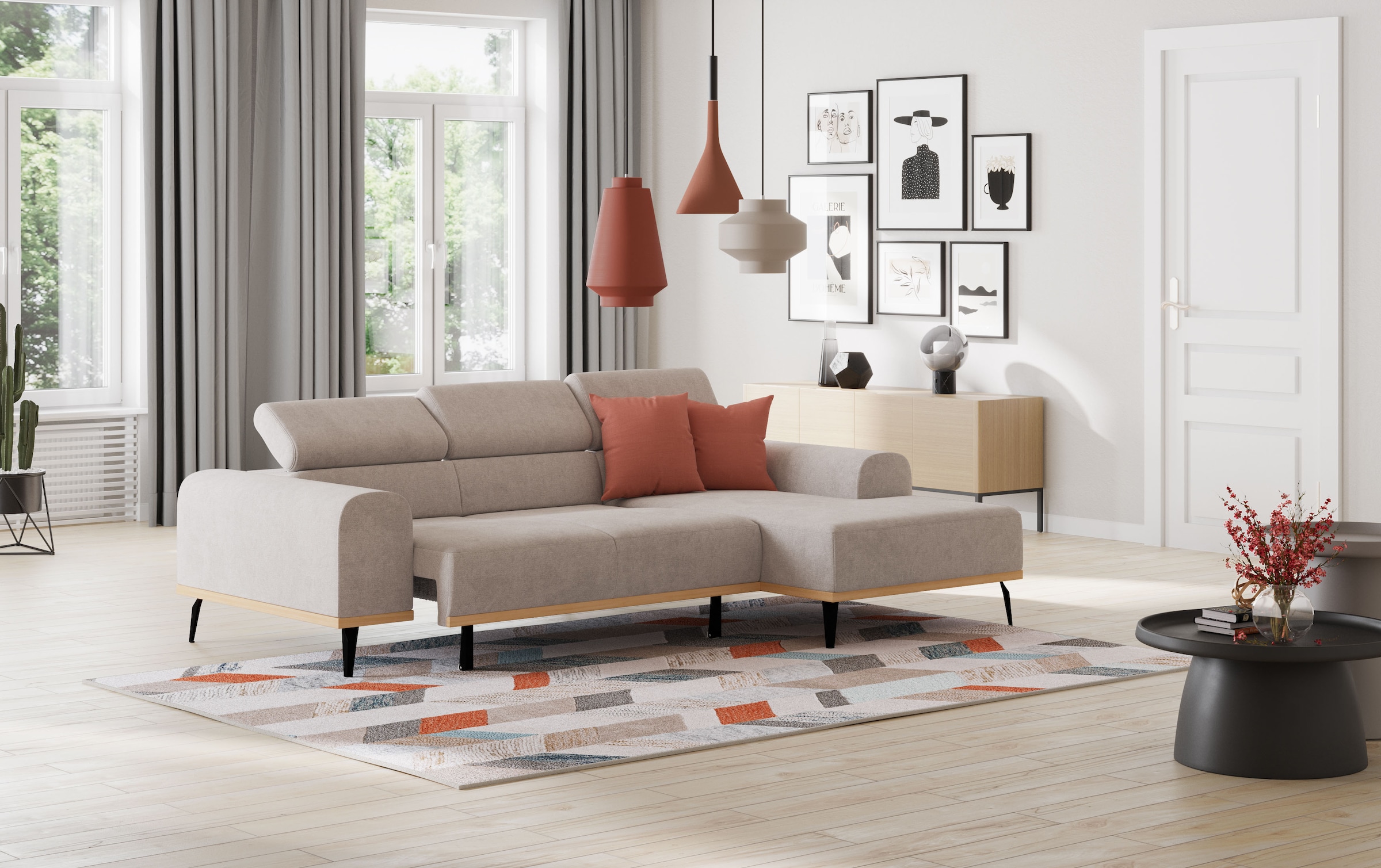 Places of Style Ecksofa »Carlo L-Form«, mit Kopfteilverstellung & Holz-Rahmenoptik, wahlweise Relaxfunktion