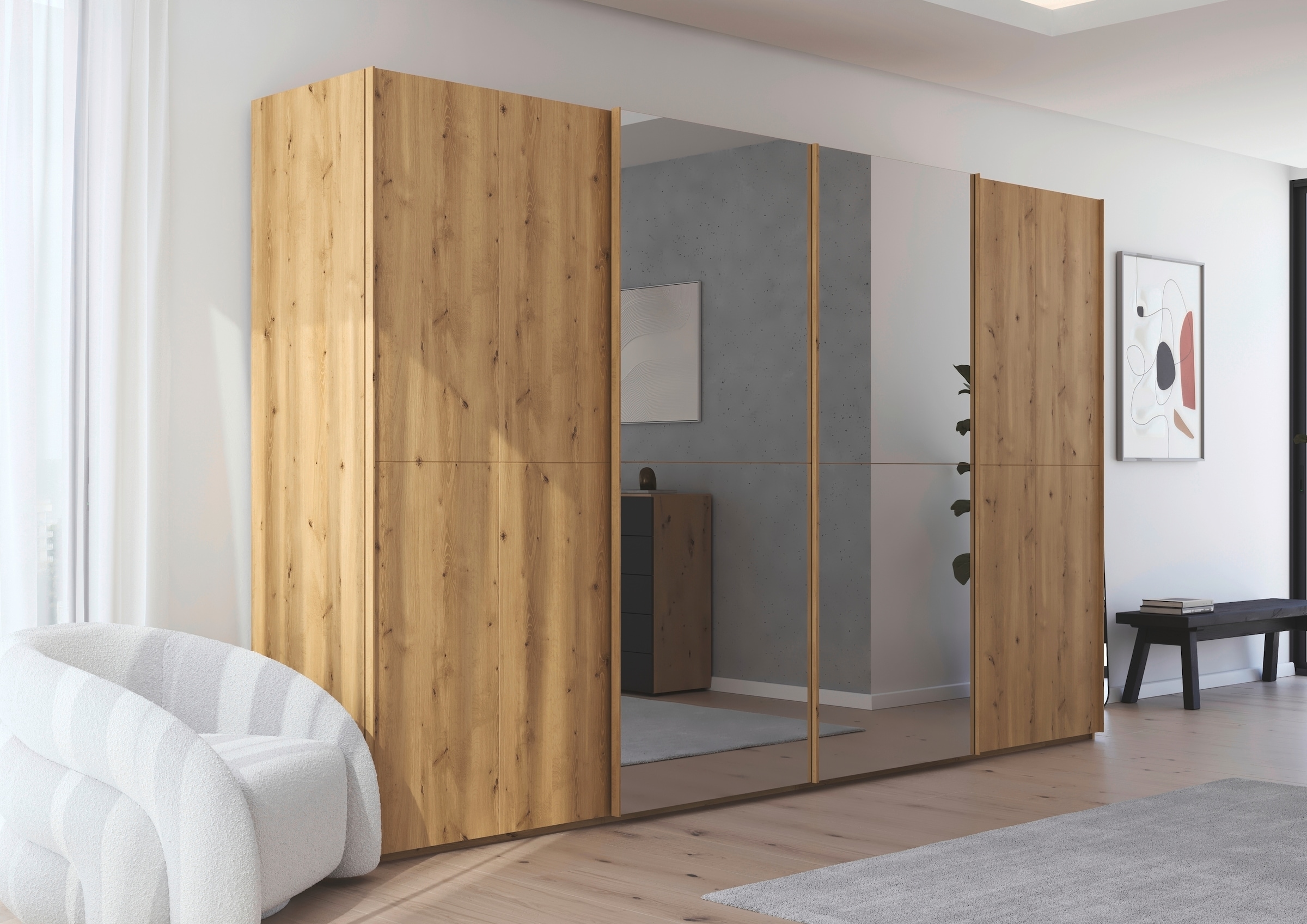 rauch Schwebetürenschrank »Kleiderschrank Schrank Garderobe Schlafzimmerschrank SCALE-WOOD«, edle geteilte Front in massiver Asteiche mit Spiegel MADE IN GERMANY