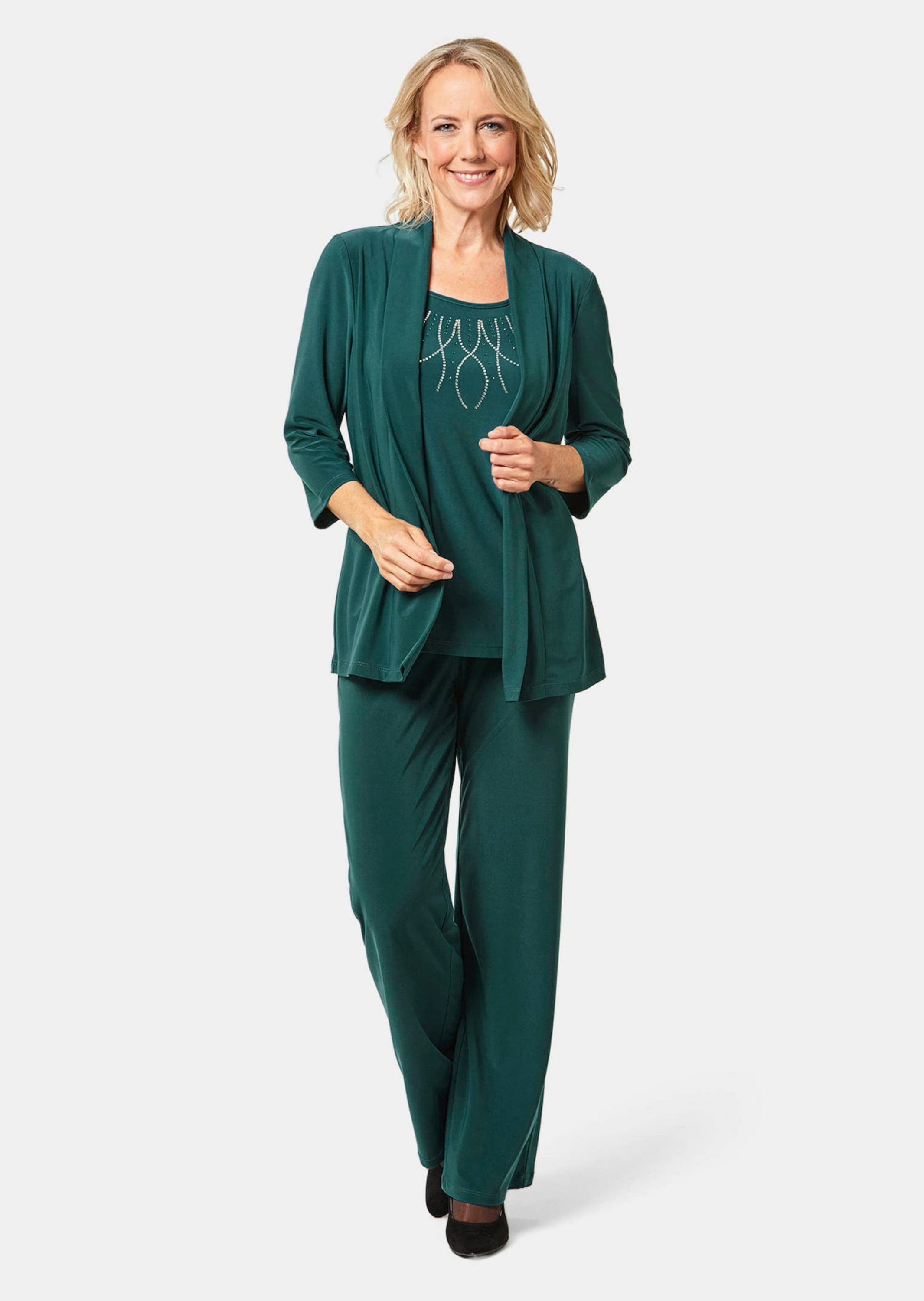 GOLDNER 3/4-Arm-Shirt »Kurzgröße Shirt in Setoptik mit Applikation« Mit funkelndem Steinchenmotiv