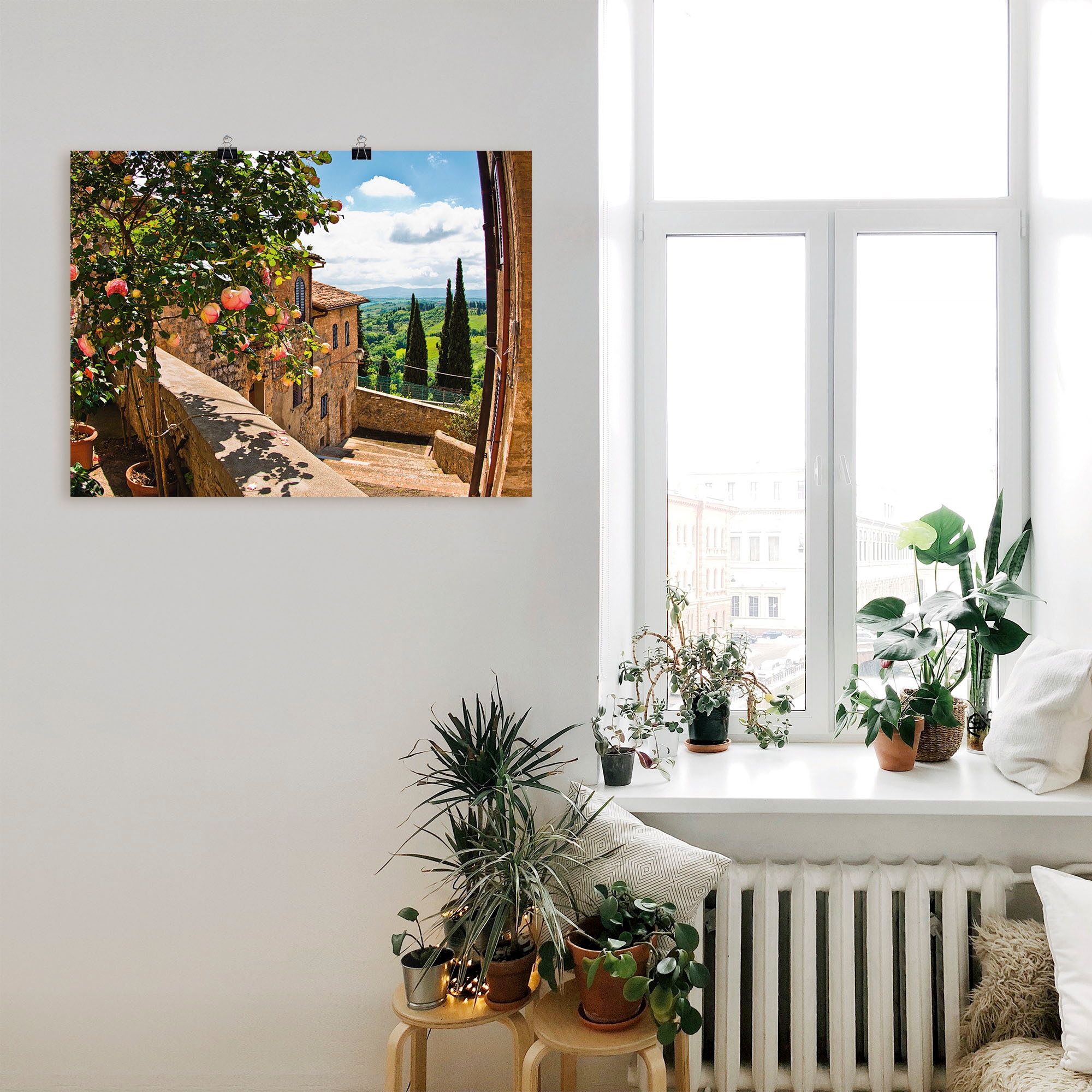Artland Wandbild »Rosen auf Balkon Toskanalandschaft« Garten 1 Stk. tlg. als Alubild, Outdoorbild, Leinwandbild, Poster, Wandaufkleber