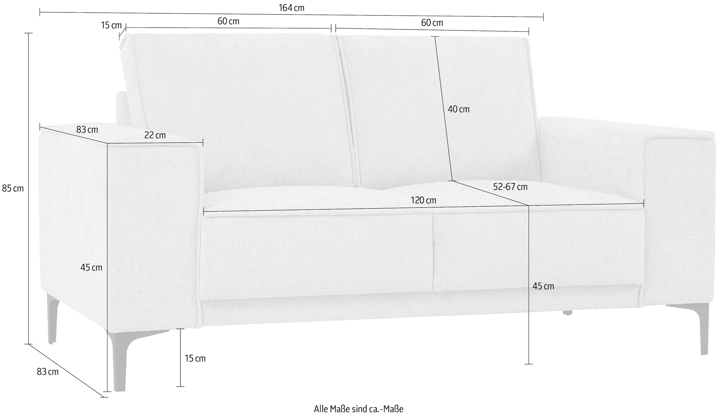 Places of Style 2-Sitzer »Kompaktsofa Oland, Struktur, Flachgewebe, Luxus-Microfaser, Boucle«, 164 cm, Wellenunterfederung, Skandi-Design, Metallfüße