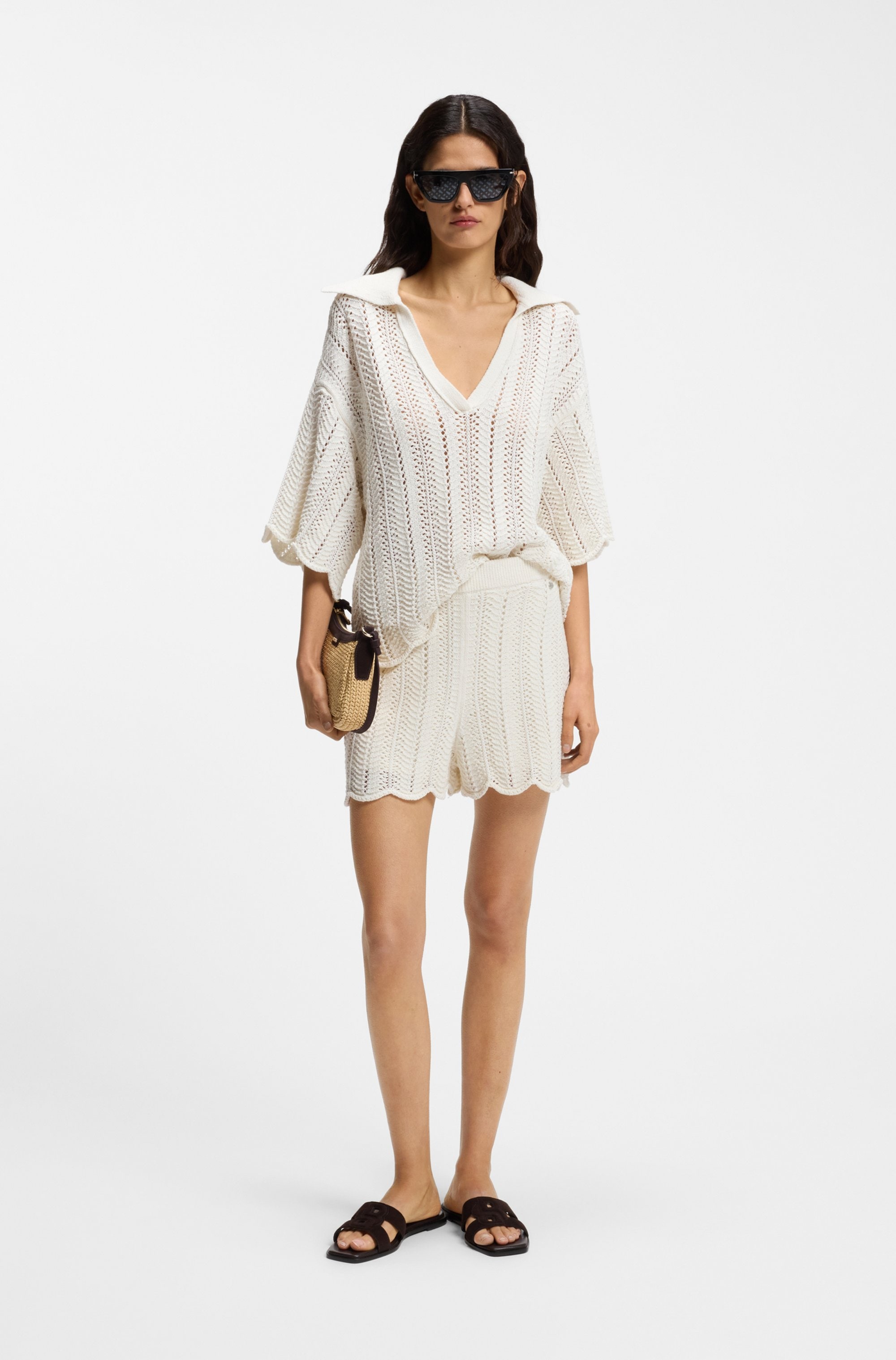 BOSS ORANGE Ajourpullover »Fordeaux Premium Damenmode« aus Baumwoll-Mix, Johnny-Kragen, Relaxed Fit