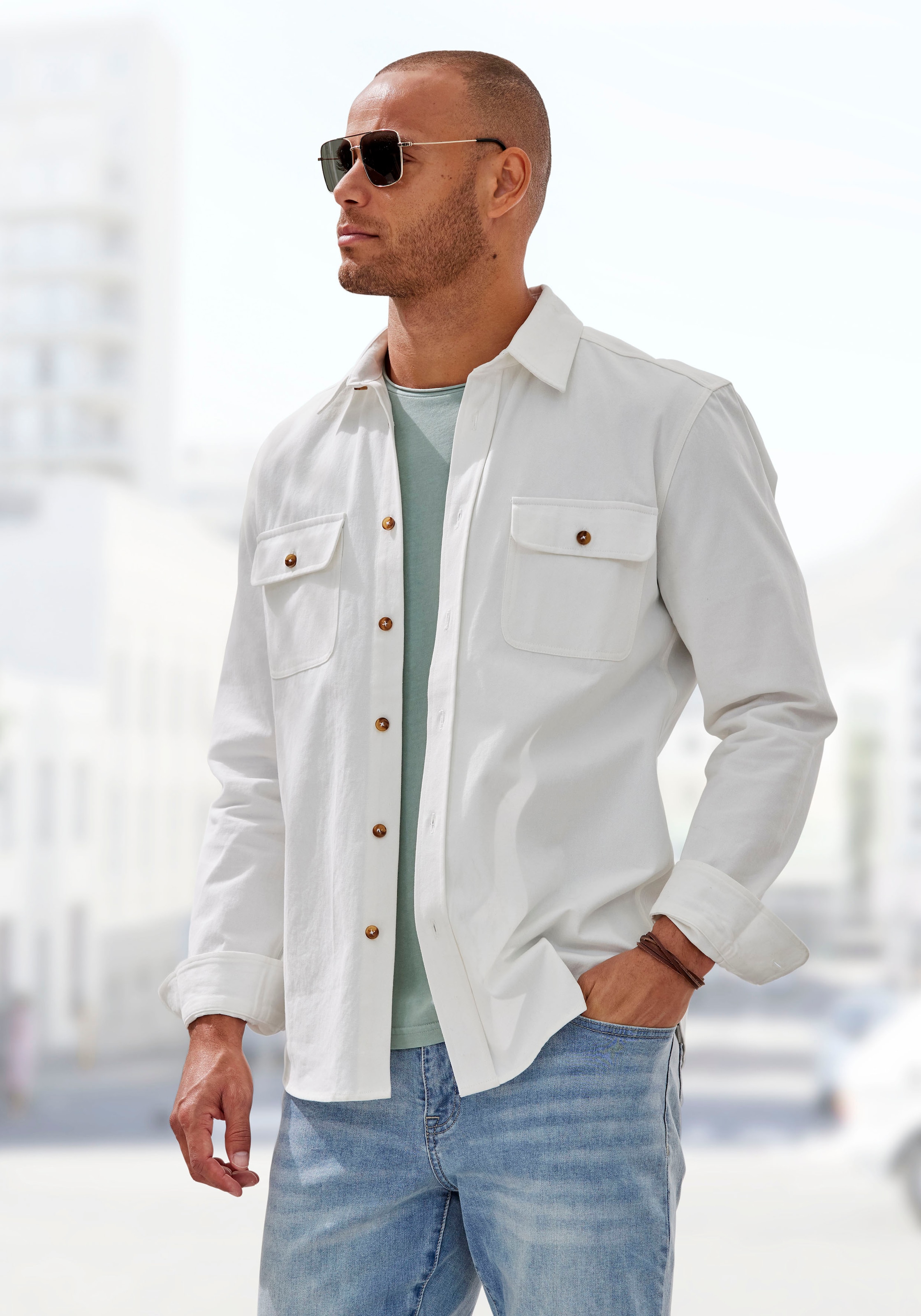 John Devin Langarmhemd », cooles Overshirt«, aus reiner Baumwolle, mit aufgesetzten Taschen