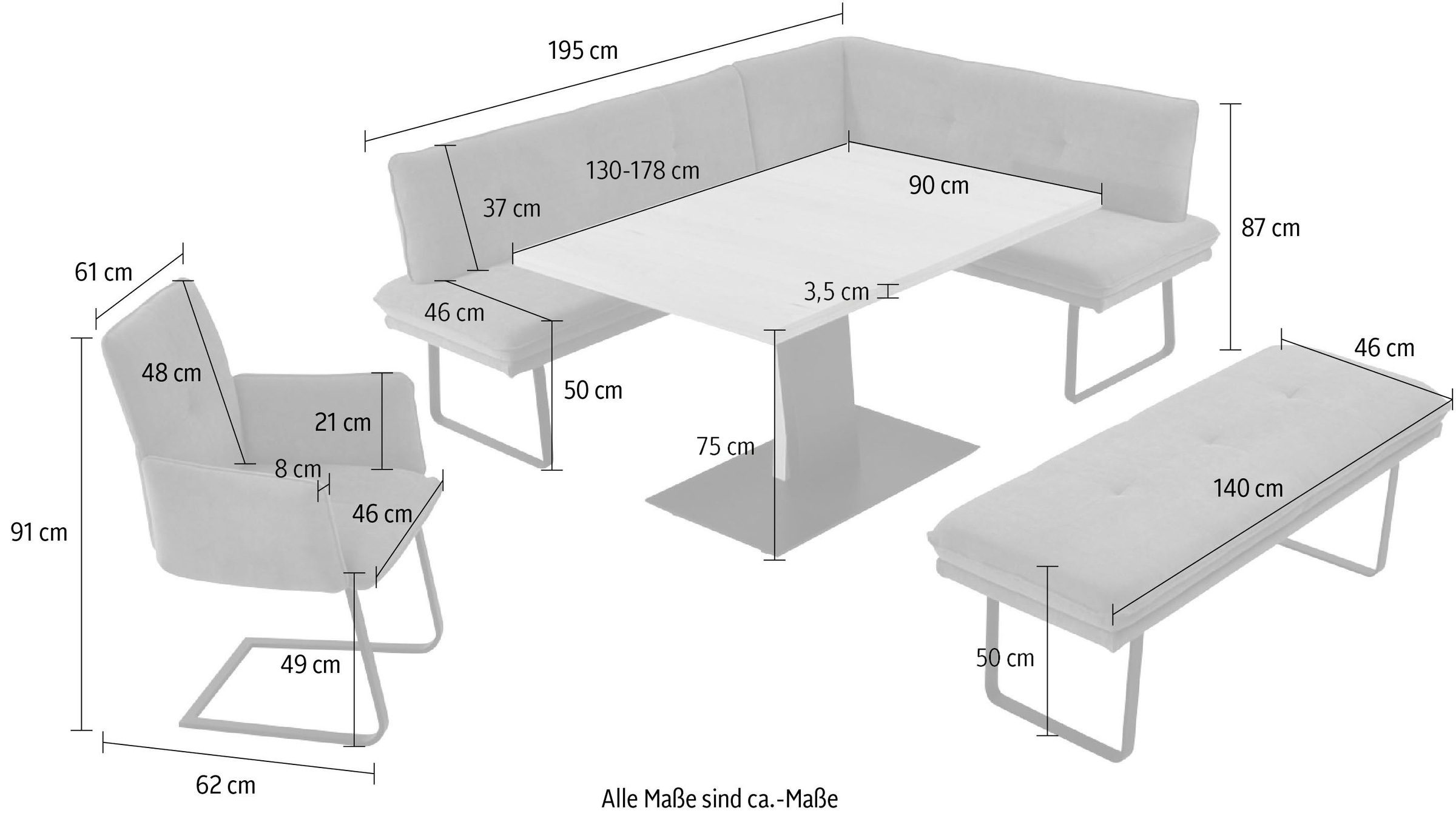 K+W Komfort & Wohnen Essgruppe »Giacomo III«, (4 tlg.), wahlweise links oder rechts langer Schenkel 207cm, Freischwingersessel