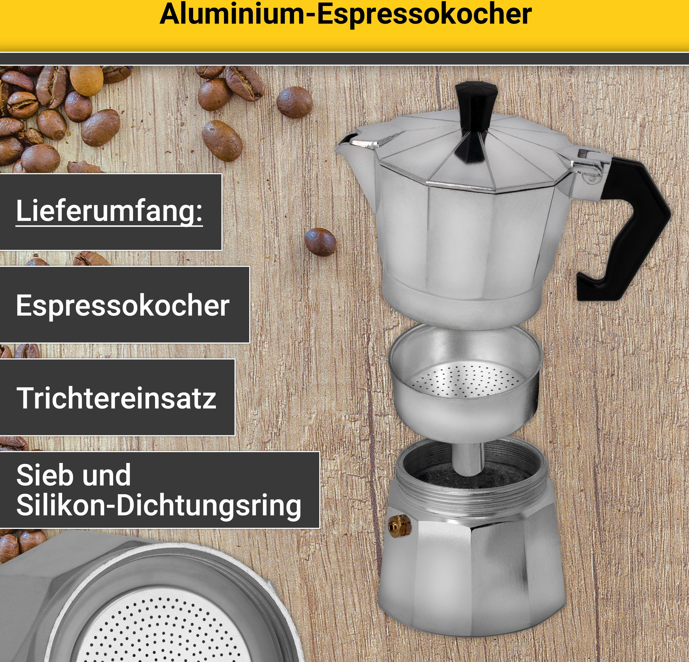 Krüger Espressokocher »Italiano«, 0,35 l Kaffeekanne, traditionell italienisch, aus Aluminium, mit Silikon-Dichtungsring