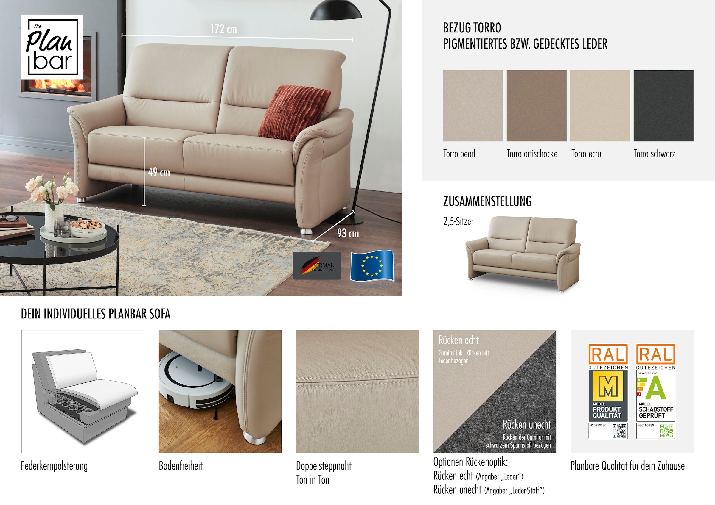 Die PlanBar 2,5-Sitzer »PN-PF23182« Federkernpolsterung, wahlweise Rücken echt bezogen