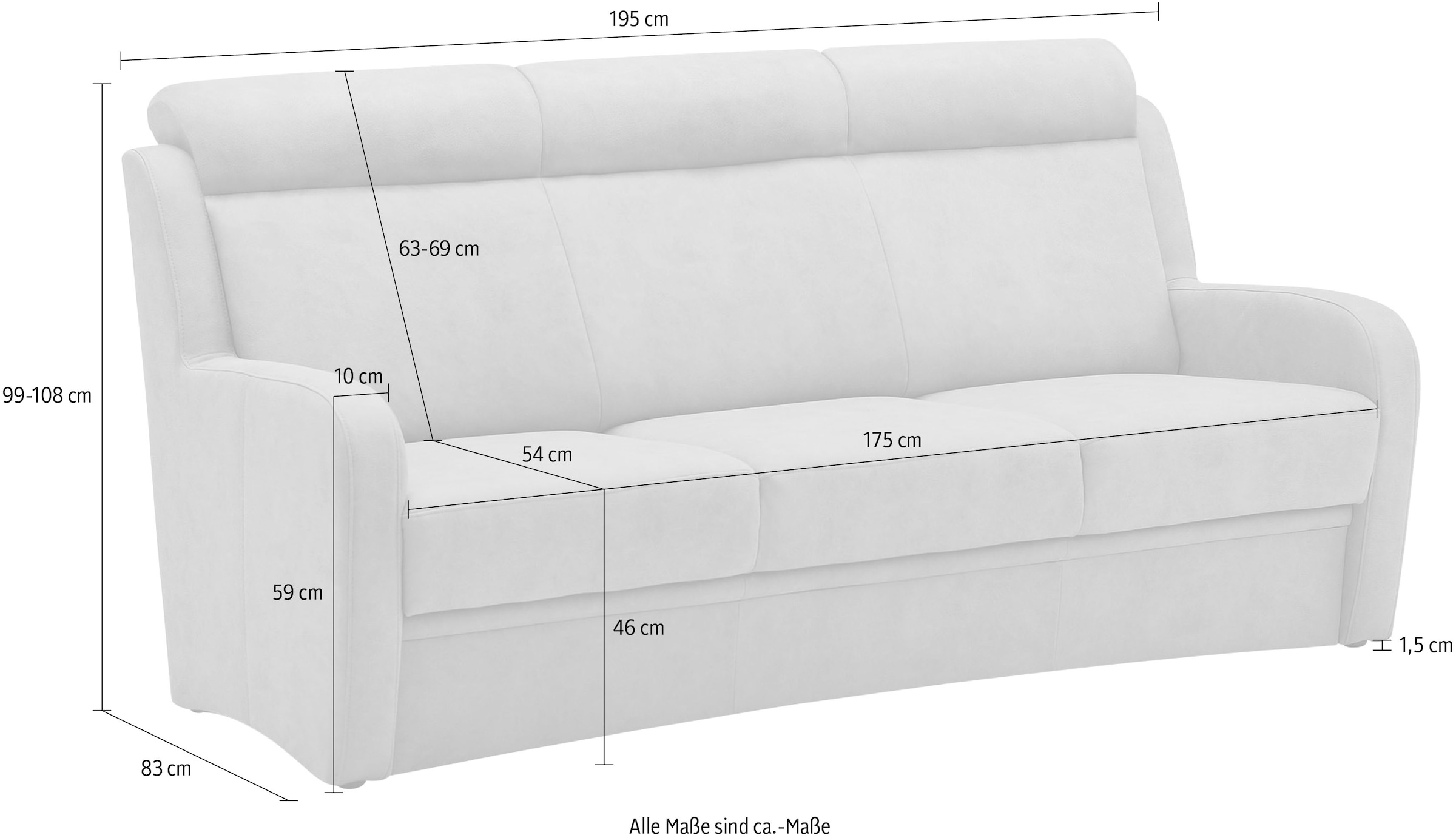 VILLA BECK 3-Sitzer »Varese«, (1 St.), Kopfteilverstellung, wahlweise mit Sitzvorzug, in Sitzhöhe 46 cm