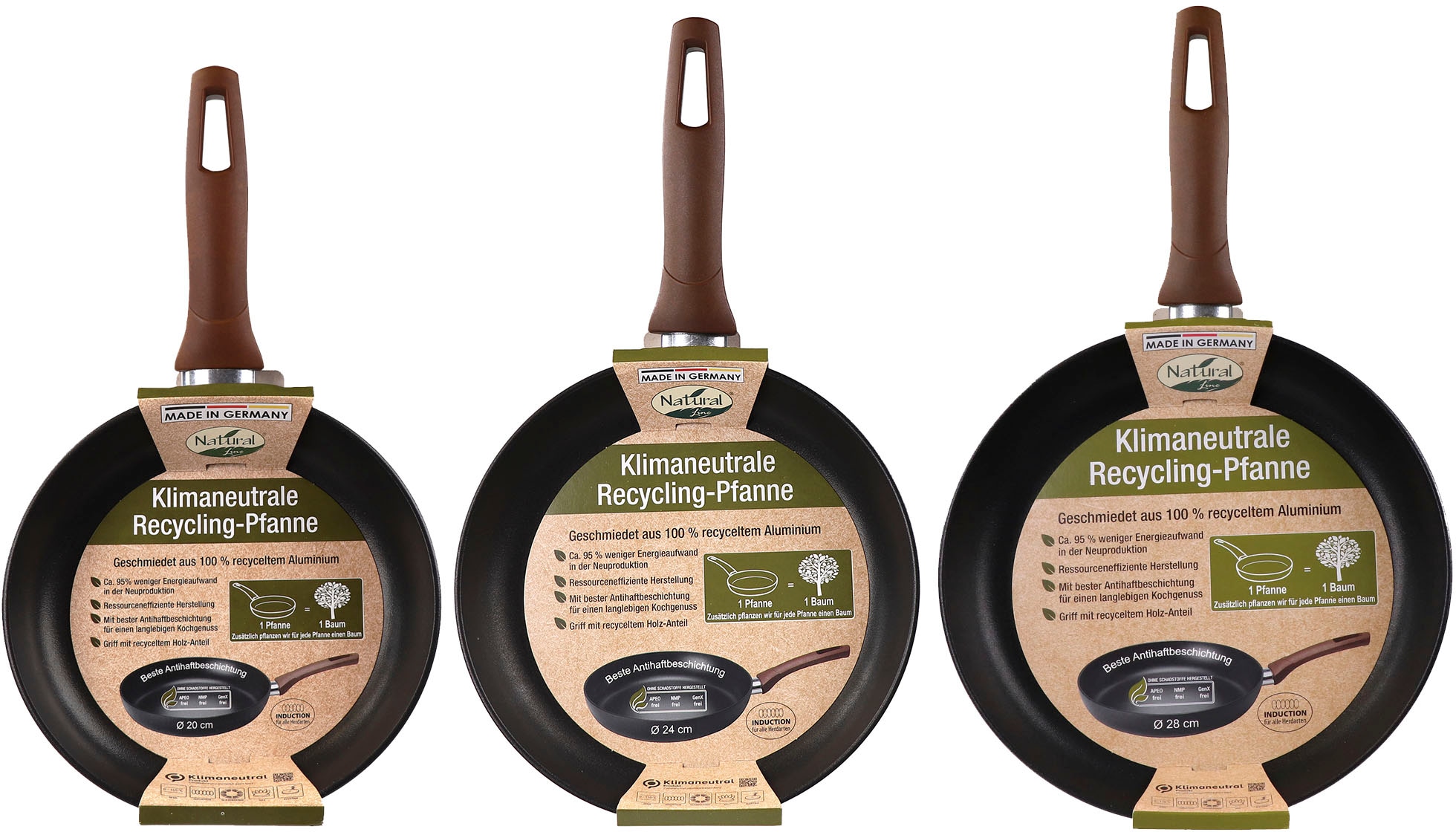 NATURAL LINE Pfannen-Set »NATURAL LINE«, Aluminium, (Set, 3 tlg., je 1 Bratpfanne Ø 20/24/28 cm, Fassungsvermögen 1,1/ 1,5/ 2,3 Liter), Induktion