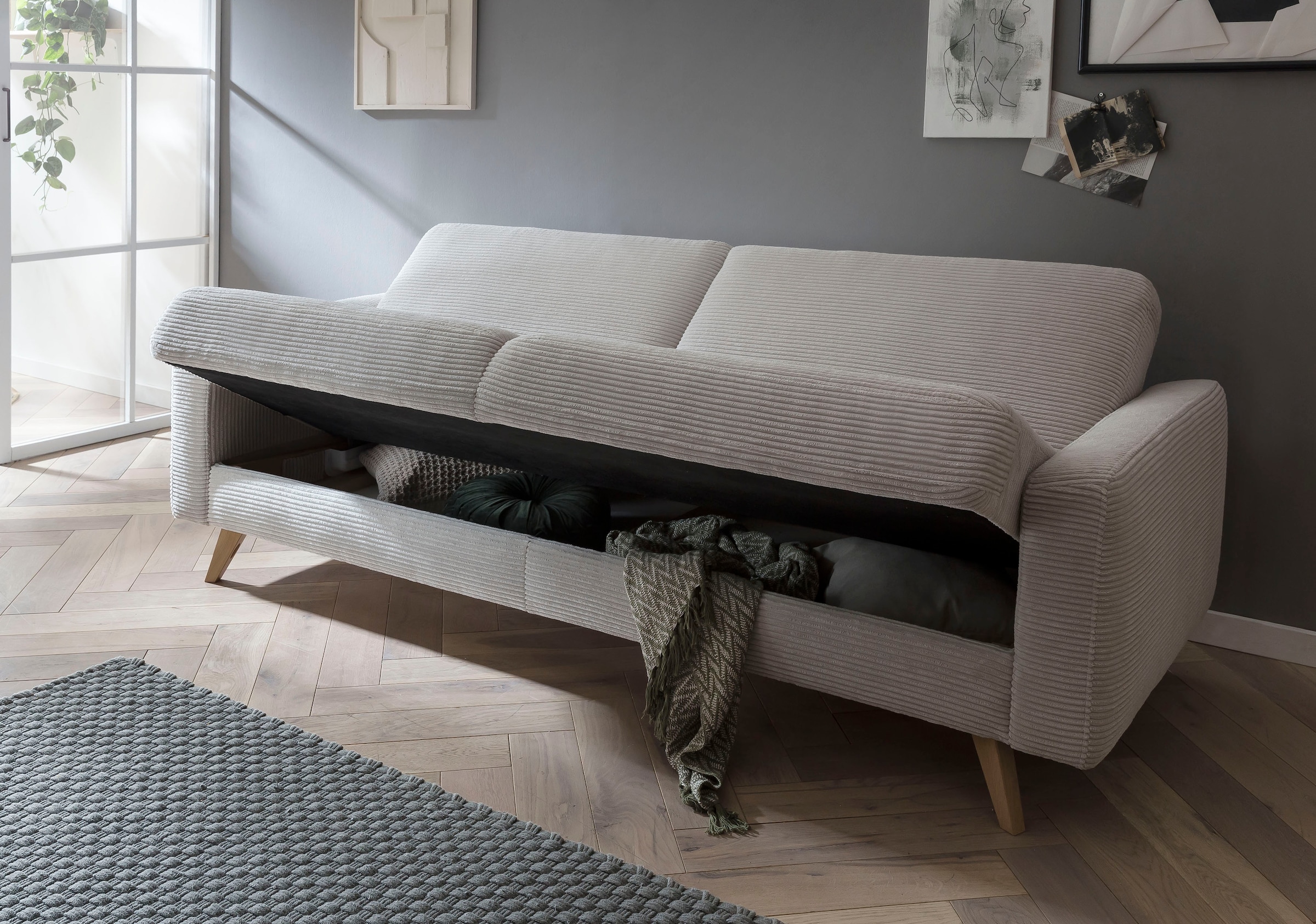 exxpo - sofa fashion 3-Sitzer »Samso, elegant und bequem, aktueller Cord Bezug, Kippcouch« hochwertige Verarbeitung, Schlafsofa inkl. Bettfunktion und Bettkasten