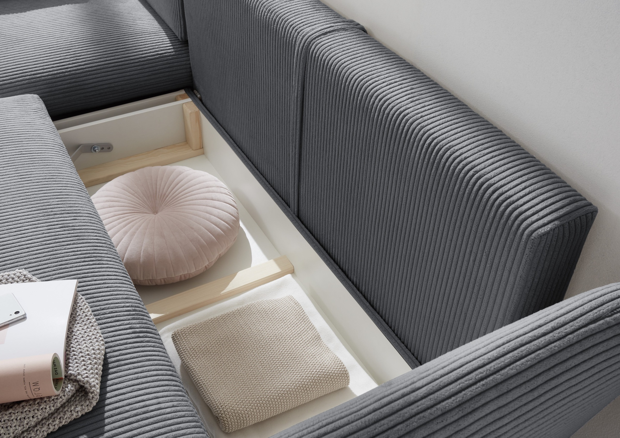 OTTO home Ecksofa »MERLE, 258 cm, L-Form, traumhafter Cord,« mit Bettfunktion und Bettkasten, Liegefläche 224 x 139