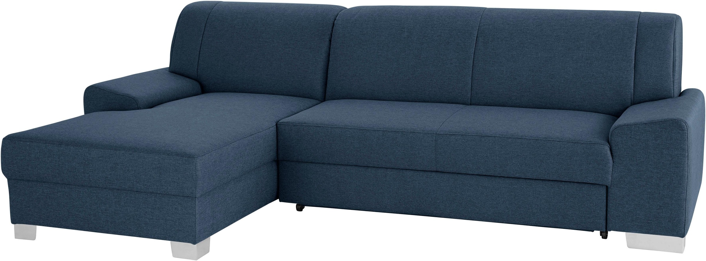 DOMO collection Ecksofa »Anzio L-Form, whlw. Bettfunktion, Federkern, hochwertig, Breite 271 cm«, Mit Bettfunktion, Recamiere links, Struktur fein, dunkelblau