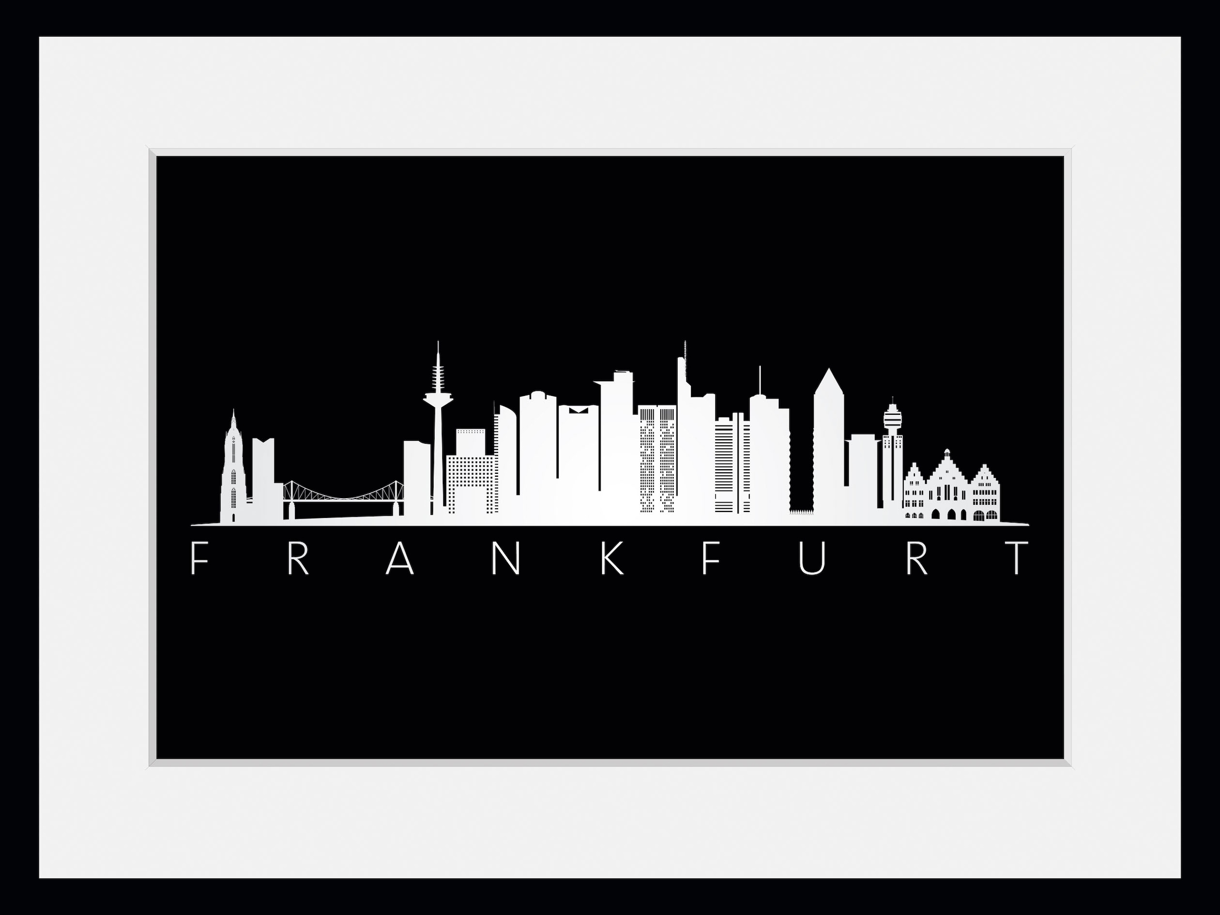 queence Bild »Frankfurt Skyline BLACK«, Städte-Schriftzug-Deutschland-Stadt-Frankfurt am Main-Schwarz-Weiß, (1 St.), HD Premium Poster-Druck inkl. Holzrahmen