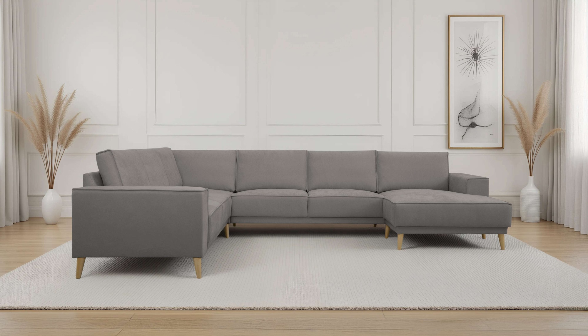 OTTO home Wohnlandschaft »Oland Skandi, weicher Chenille-Stoff« U-Form, 342 cm, Wellenunterfederung, Skandi-Design, Massivholzfüße