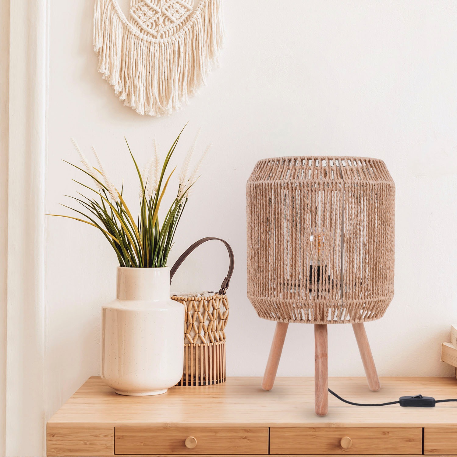 Paco Home Tischleuchte »SOL«, Leuchtmittel E27 | ohne Leuchtmittel, Boho Deko Lampenschirm Korb Holz E27