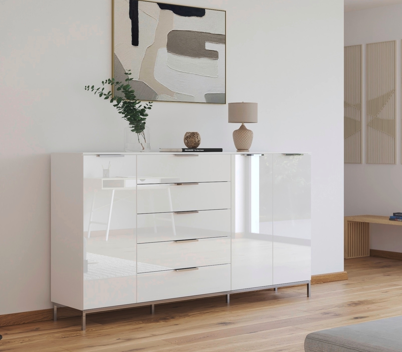 rauch Kombikommode »Kommode Türkommode Sideboard Kombikommode FLIPP mit Glasfront« Breite 200 cm mit 4 Einlegeböden,  3-türig mit 5 Schubladen und Soft-Close-Funktion sowie Glasfront