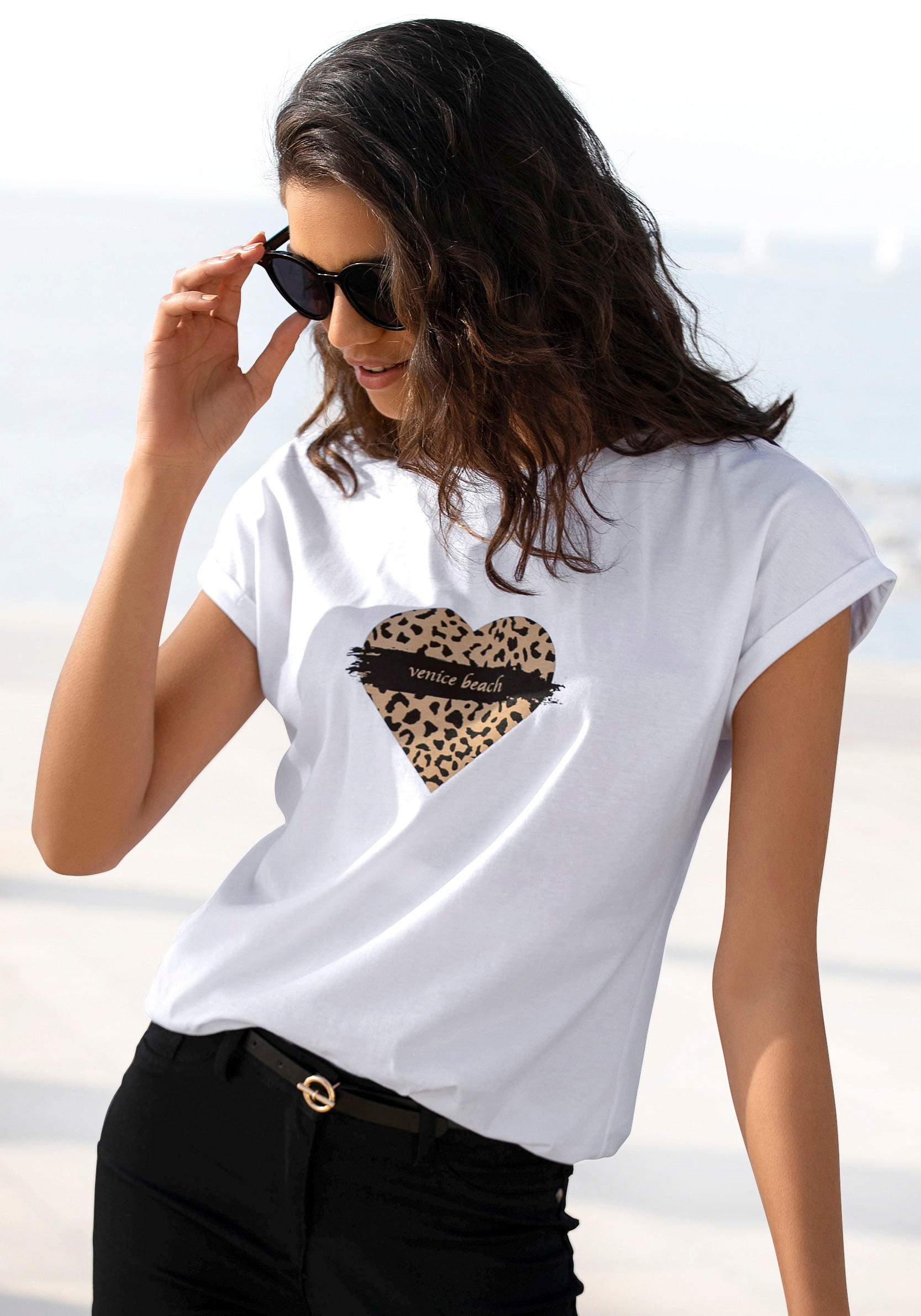 online OTTO Frontprint, mit T-Shirt Kurzarmshirt, Passform Beach aus bei lockere Venice Baumwolle,