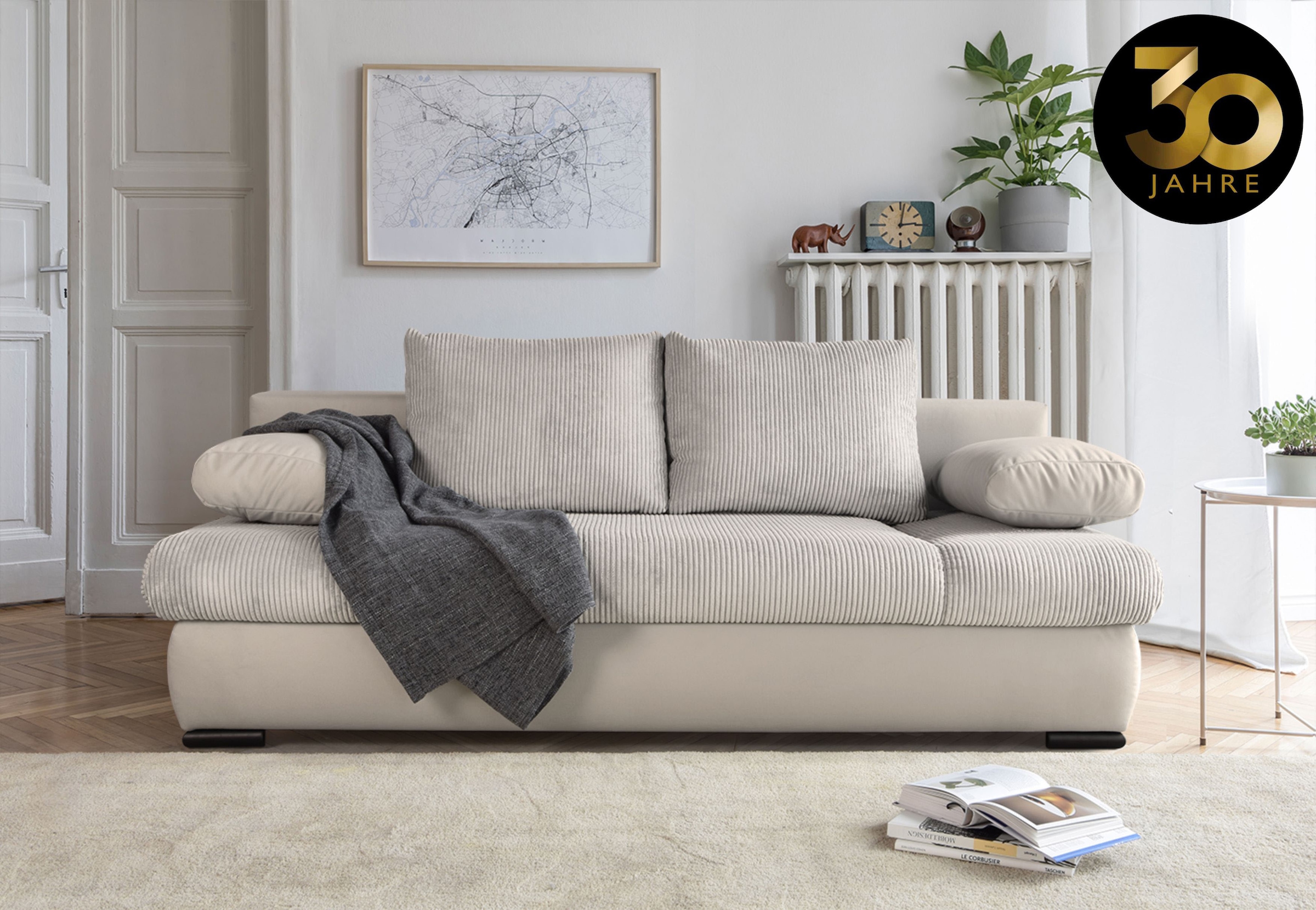 COLLECTION AB Schlafsofa »Chicago mit Bettfunktion, Schlafcouch«, inklusive Bettkasten, Cord-Samt Bezug, beige
