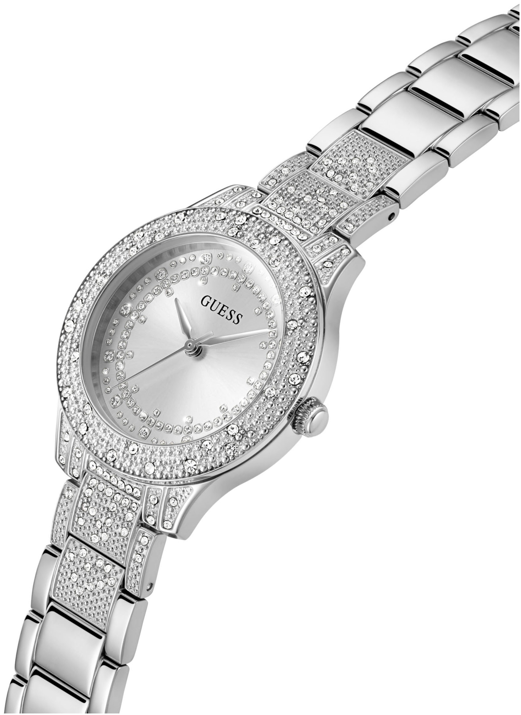 Guess Quarzuhr »SHOOTING STAR«, Armbanduhr, Damenuhr, Kristallsteine, Mineralglas, Edelstahlarmband